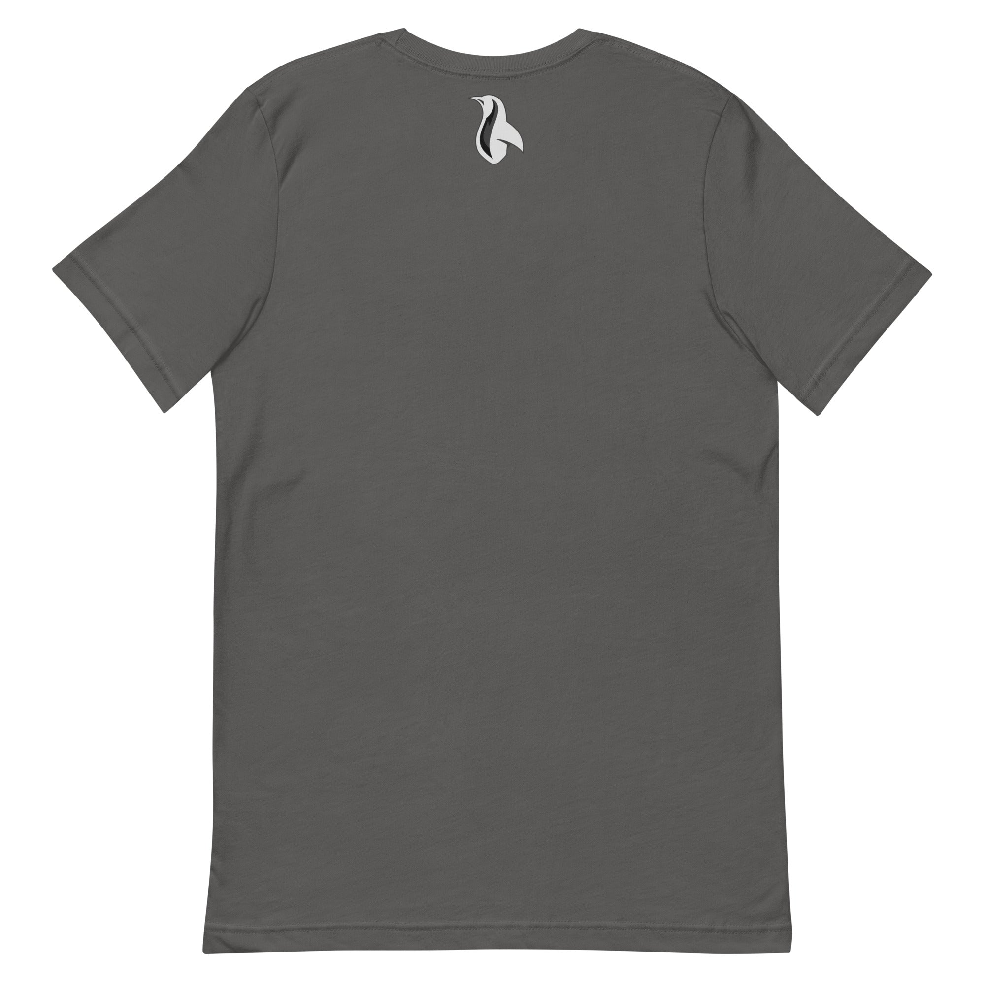 a grey t - shirt with a white logo on the chest
