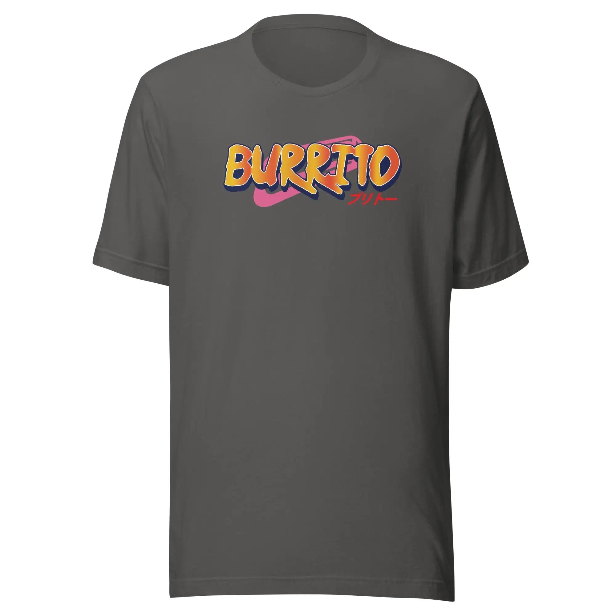 a grey t - shirt with the word burrito printed on it
