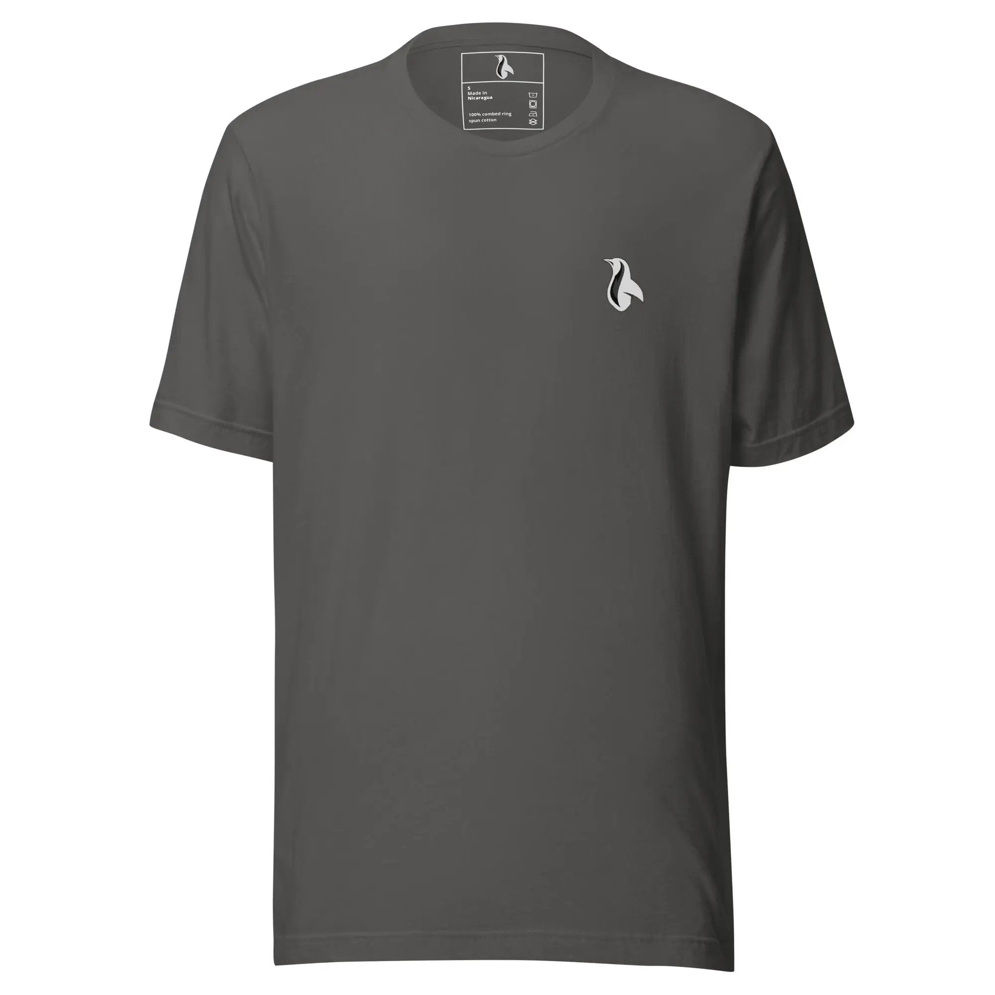 a grey t - shirt with a white logo on the chest