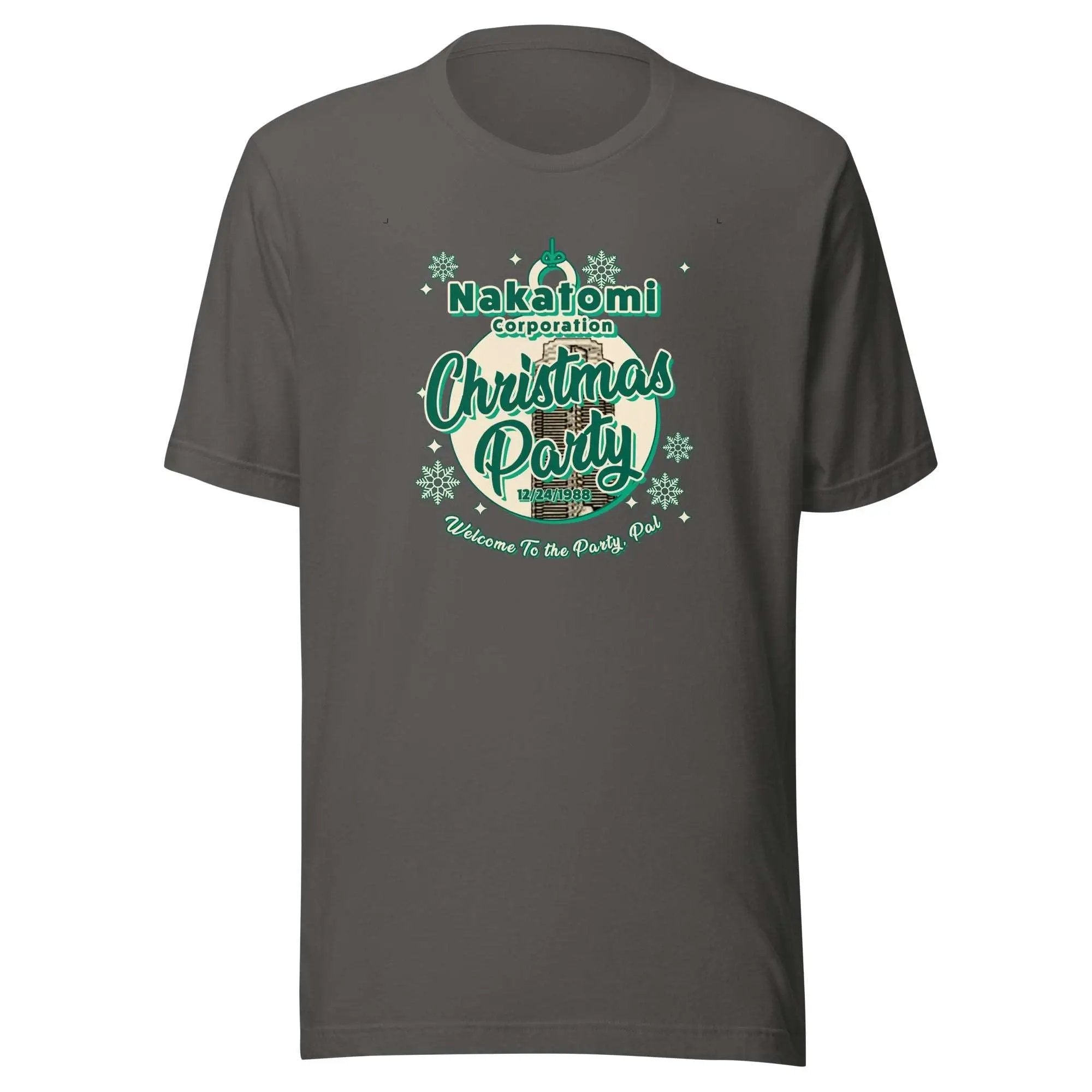 a grey christmas party t - shirt with a green and white design