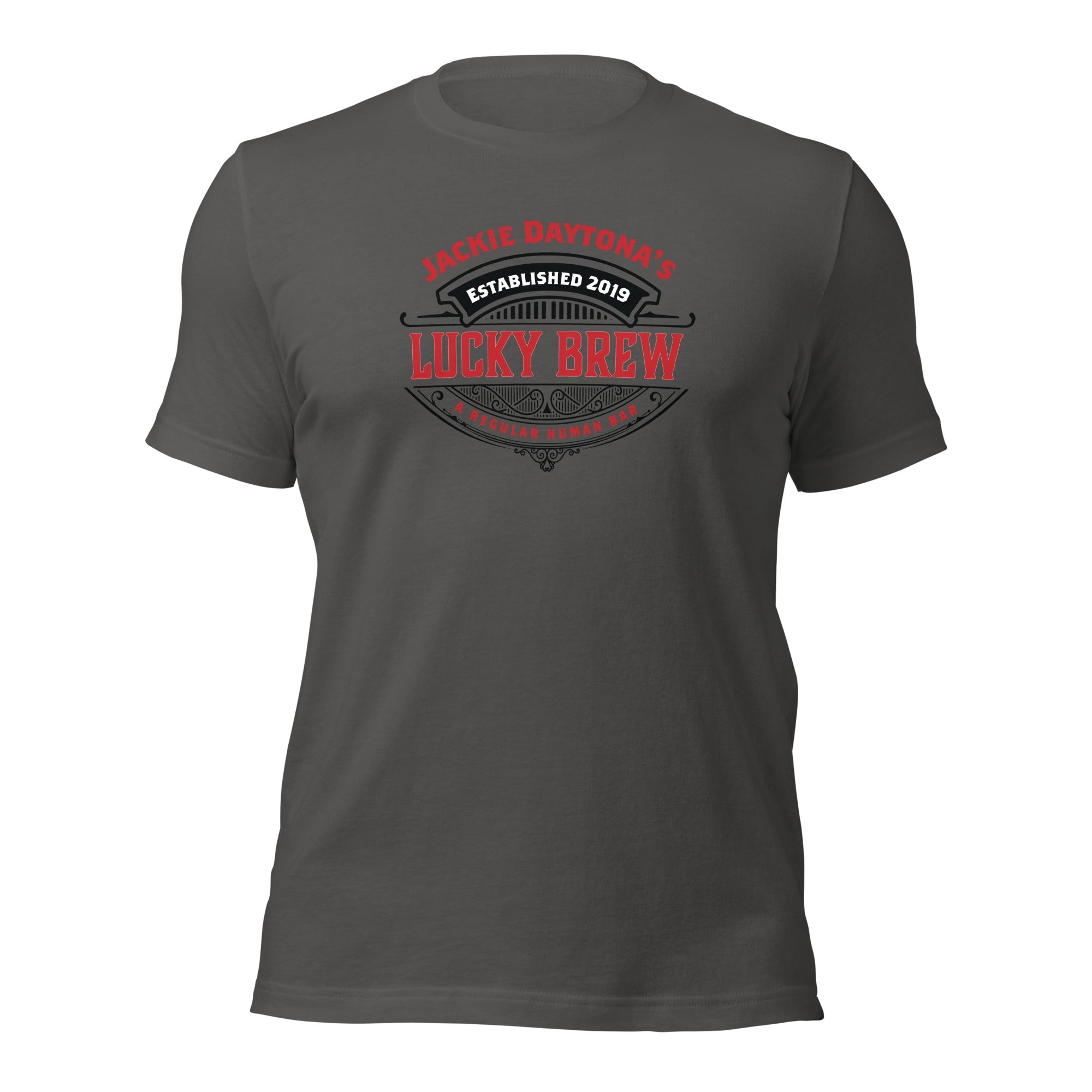 a grey t - shirt with the words lucky brown on it