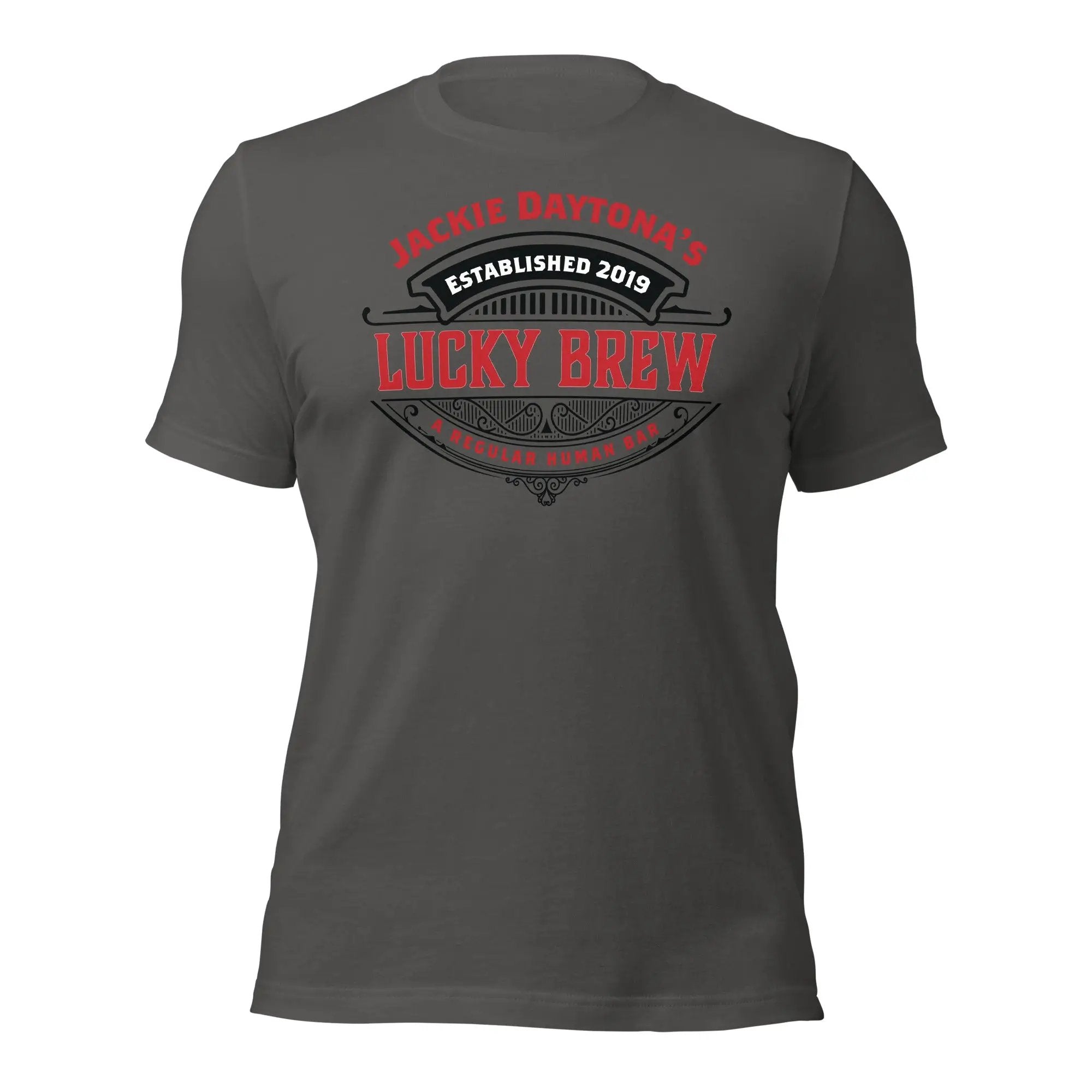 a gray t - shirt with the words lucky brew on it