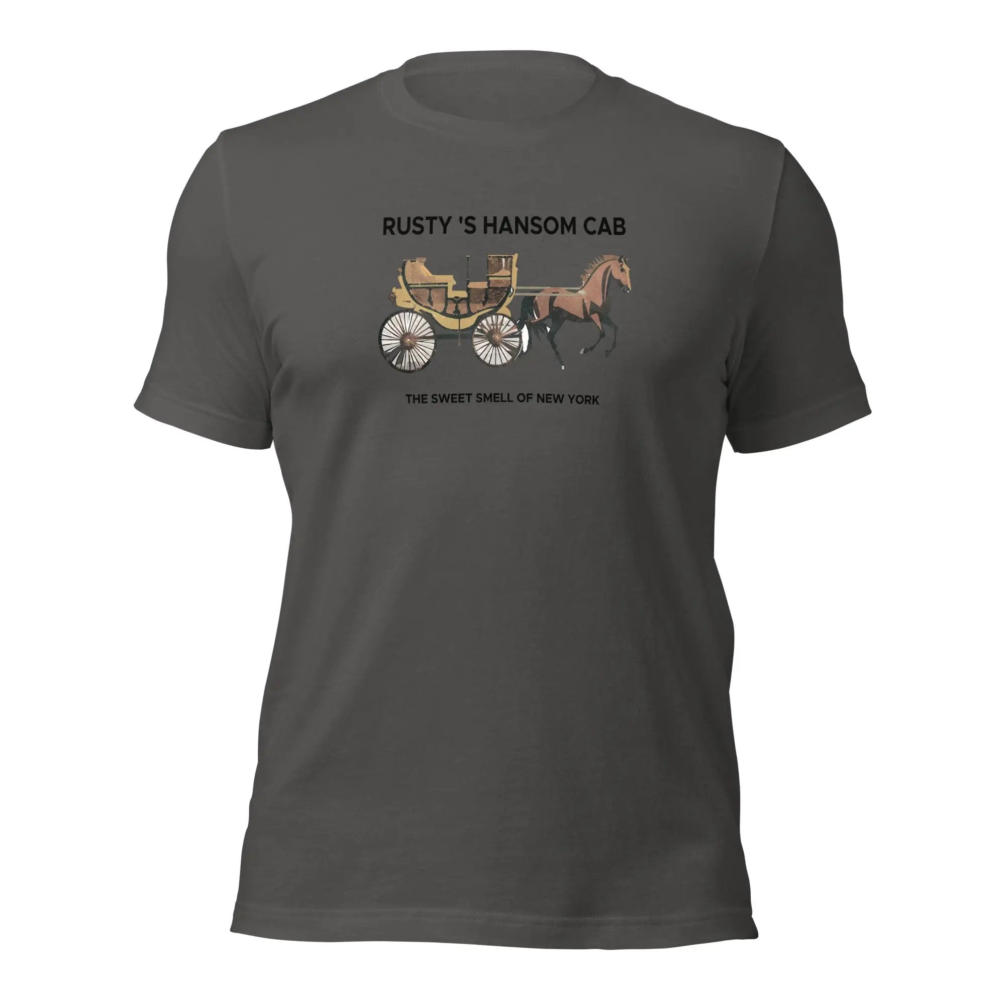 a grey t - shirt with an image of a horse and carriage