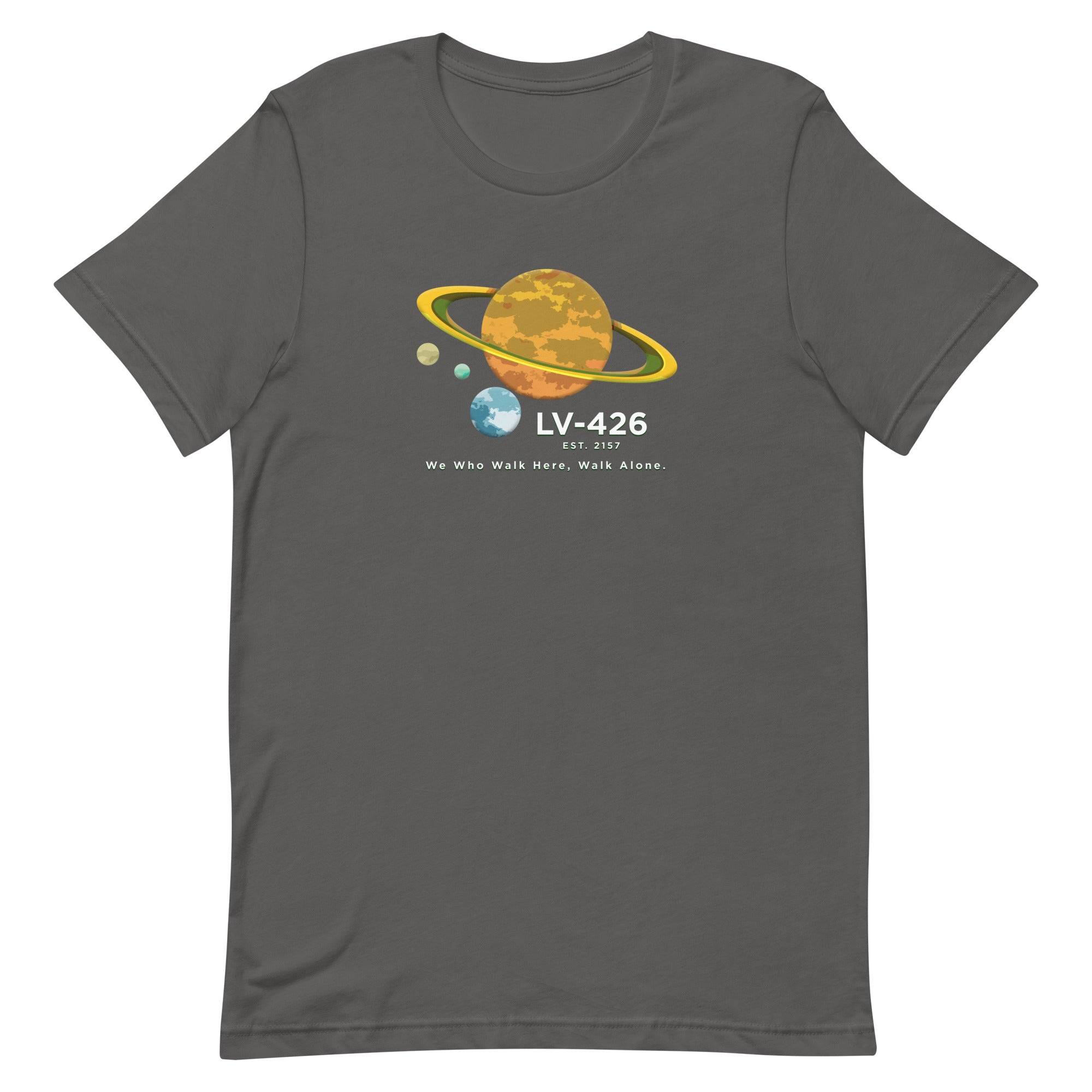 a grey t - shirt with a yellow saturn logo on it
