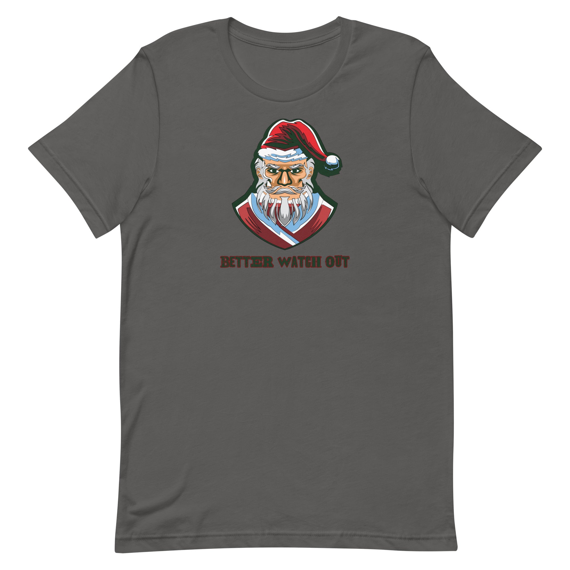 a grey t - shirt with a santa clause on it