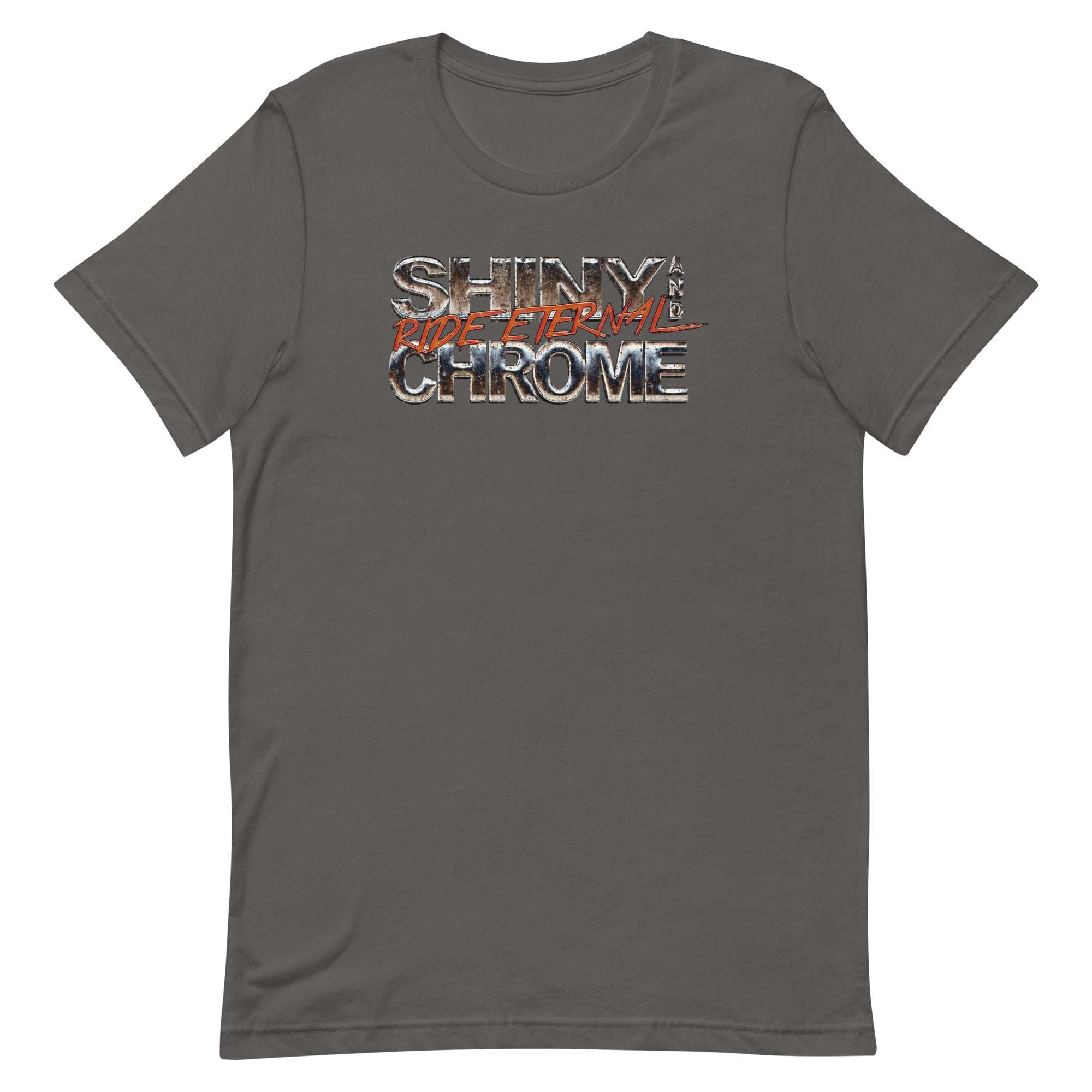 a grey shirt with the words shiny chrome on it