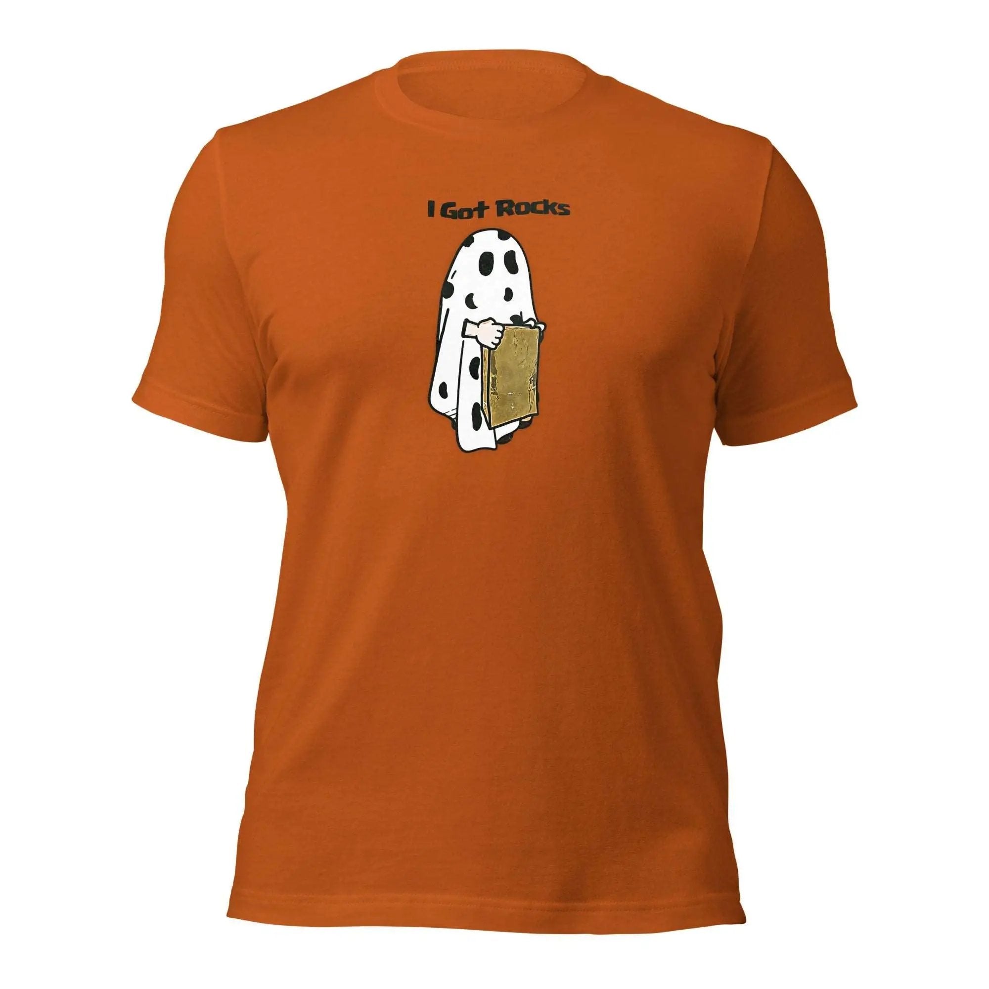an orange t - shirt with a picture of a dog in a pocket