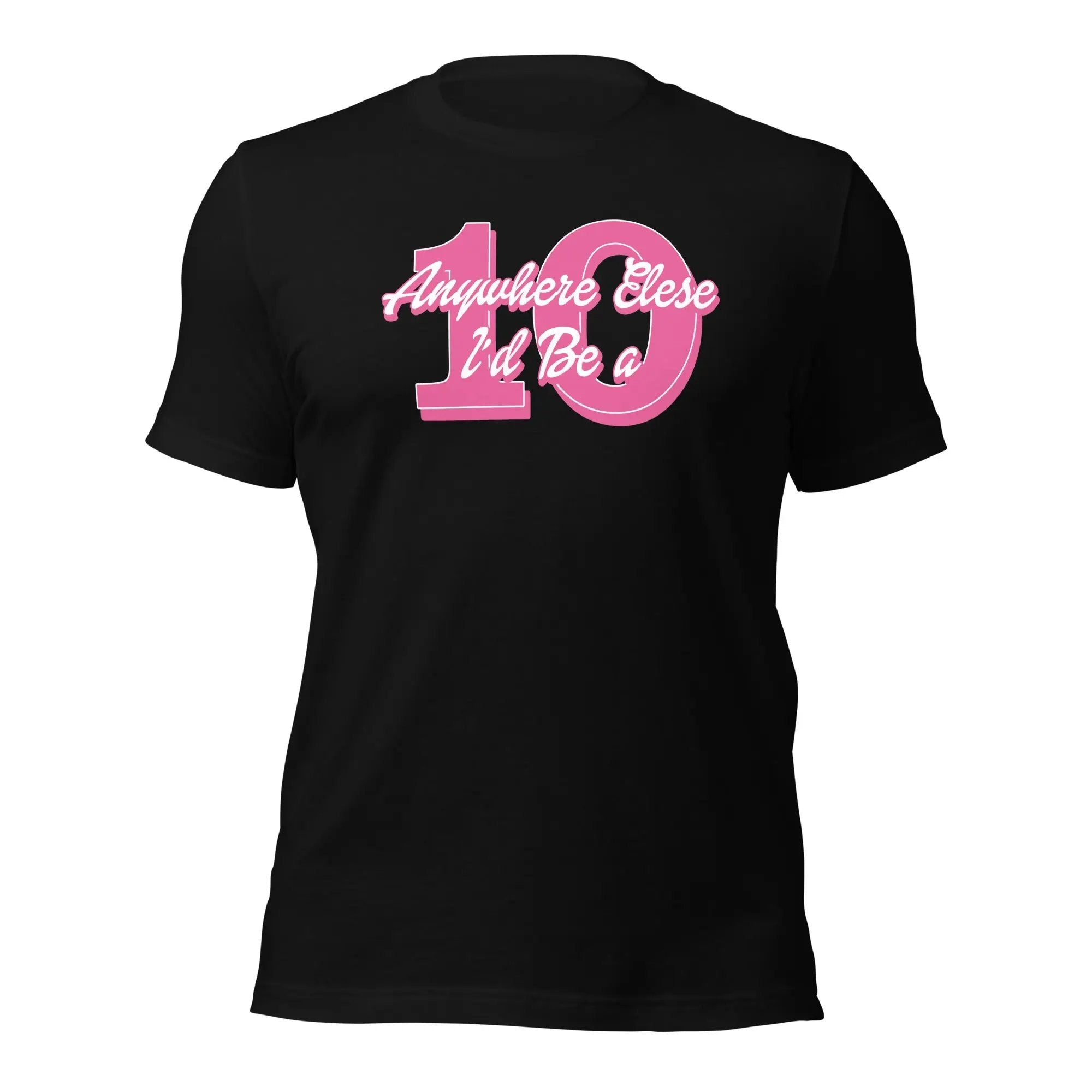 a black t - shirt with pink lettering on the front