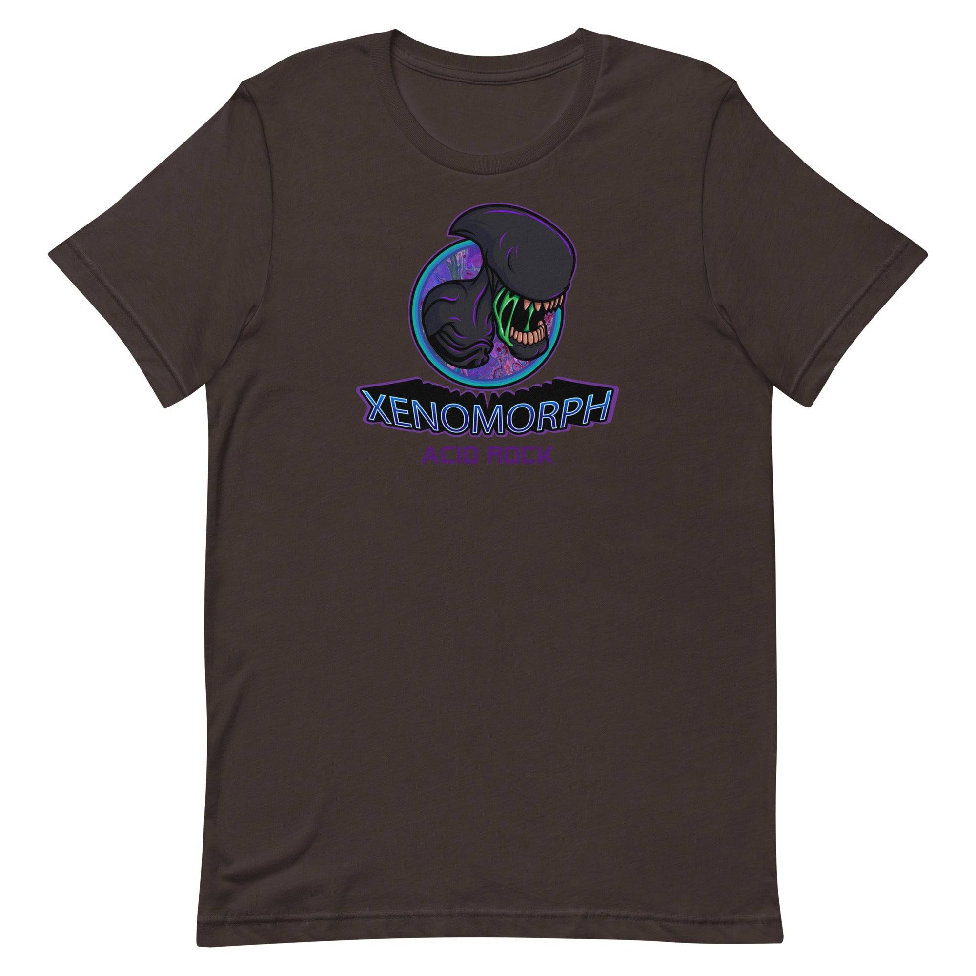 a brown t - shirt with an image of a dinosaur and the words xeno
