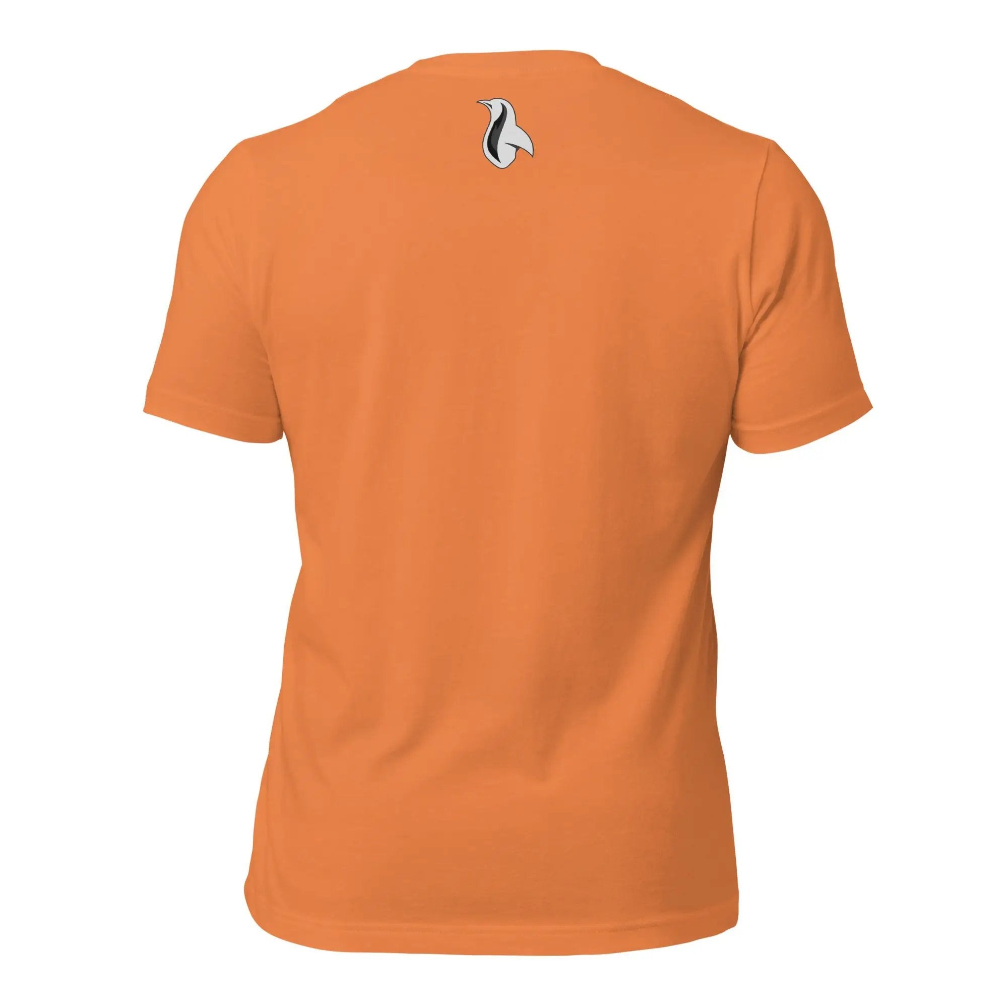 a women's orange shirt with a black and white bird on it