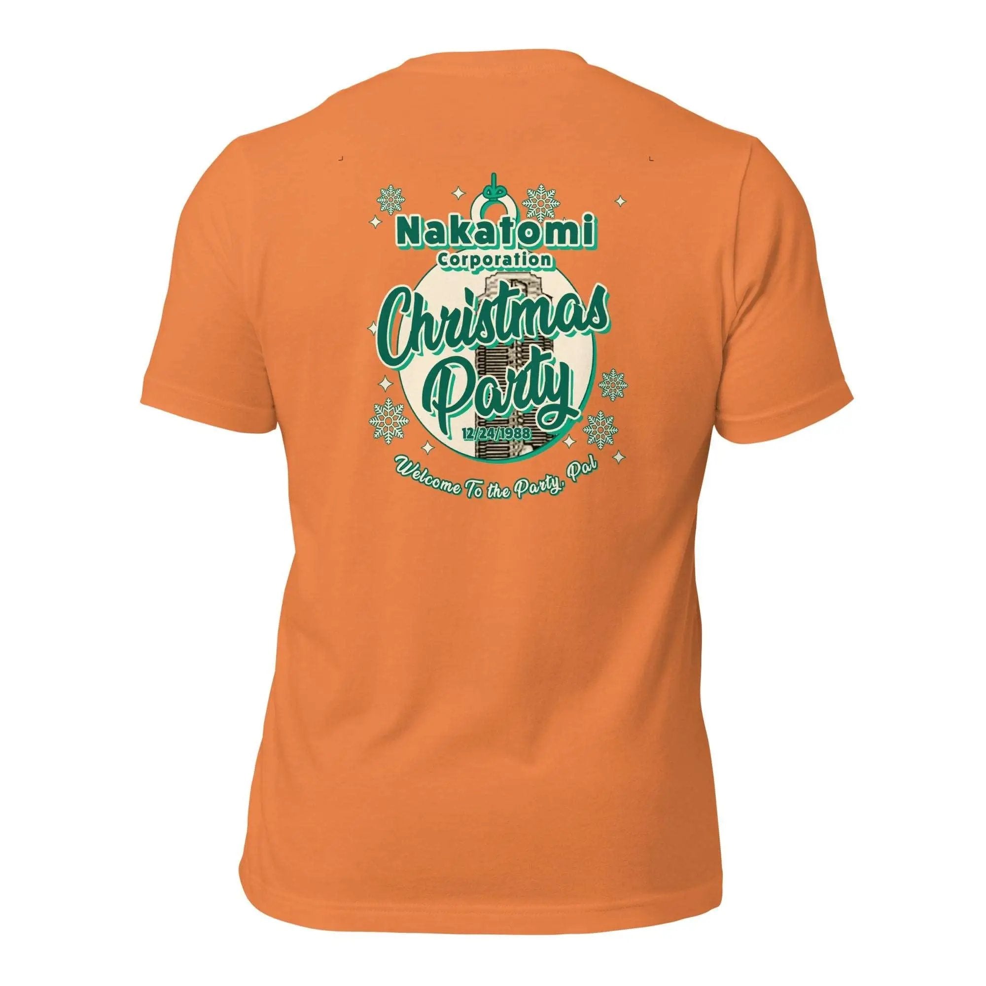 a women's orange t - shirt with the words christmas party on it
