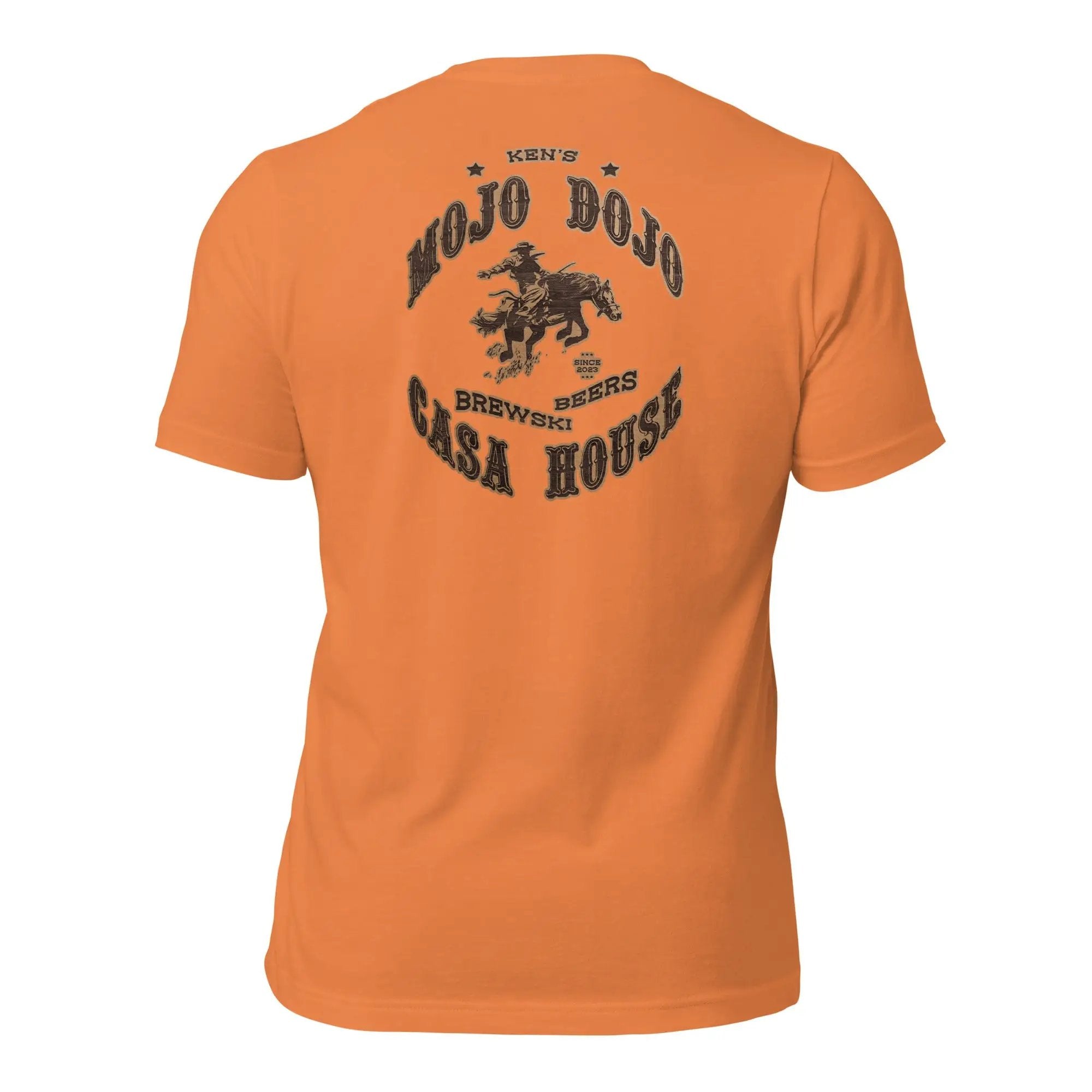 a women's orange t - shirt with an image of a horse and rider