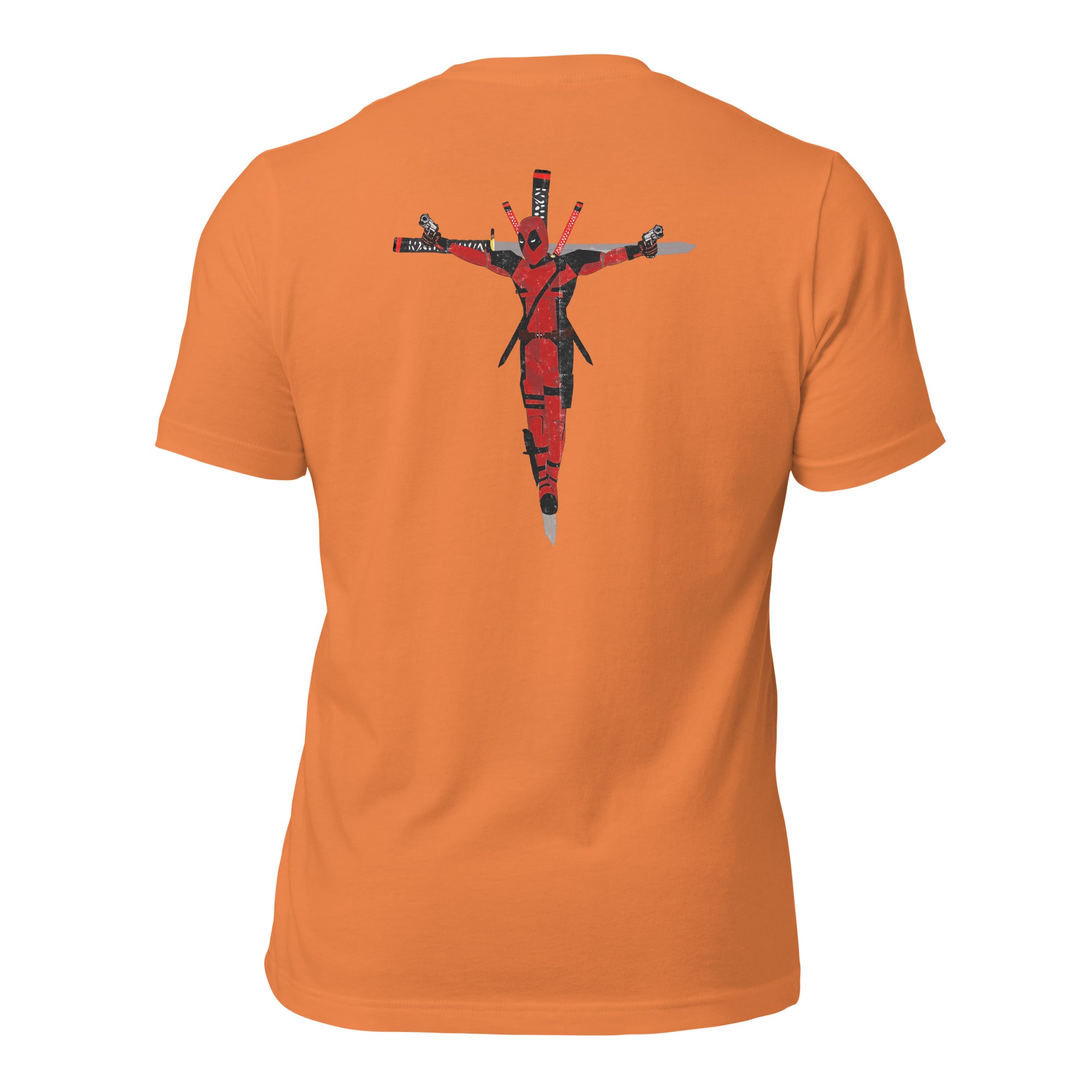an orange t - shirt with a picture of a man on the cross