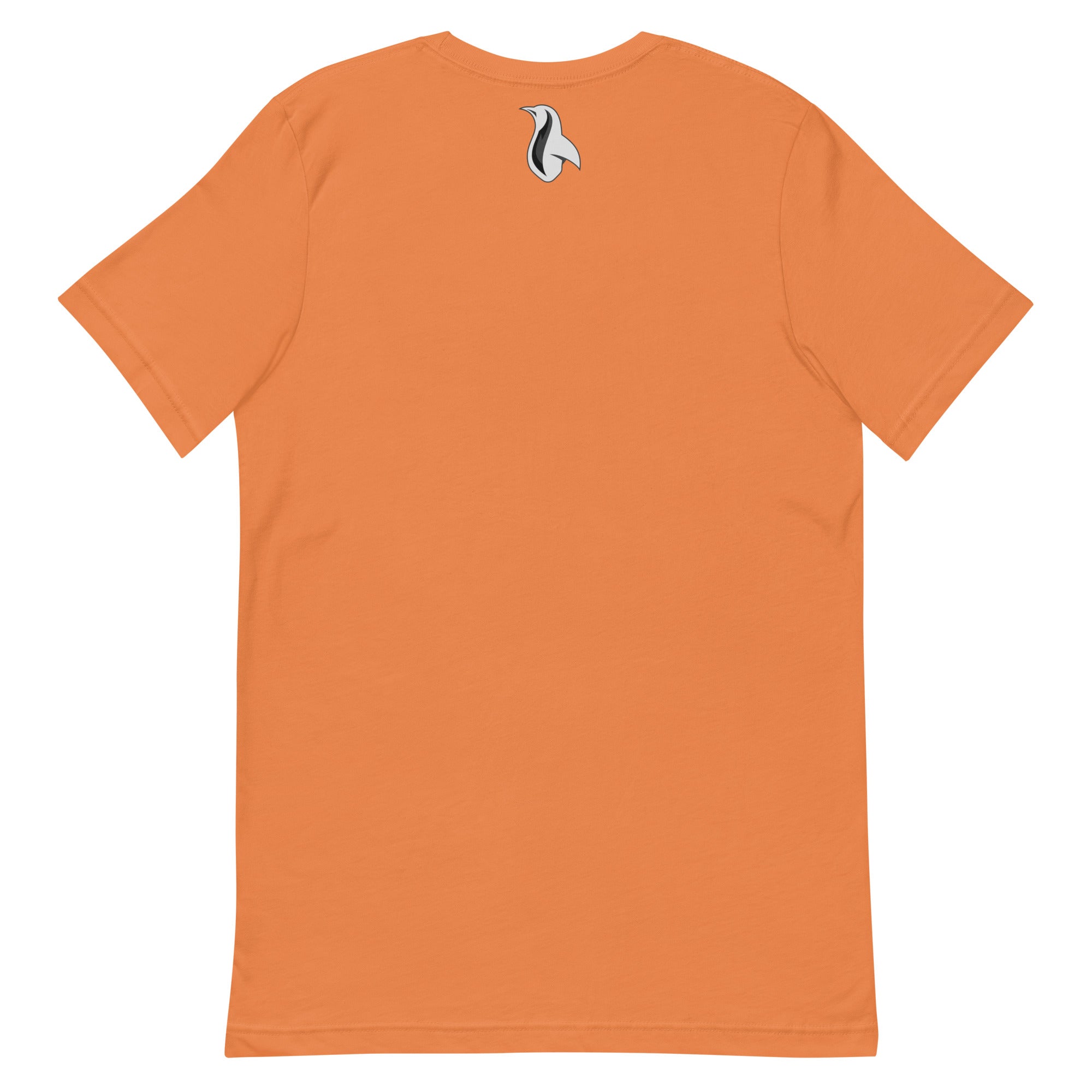 an orange t - shirt with a black and white bird on it