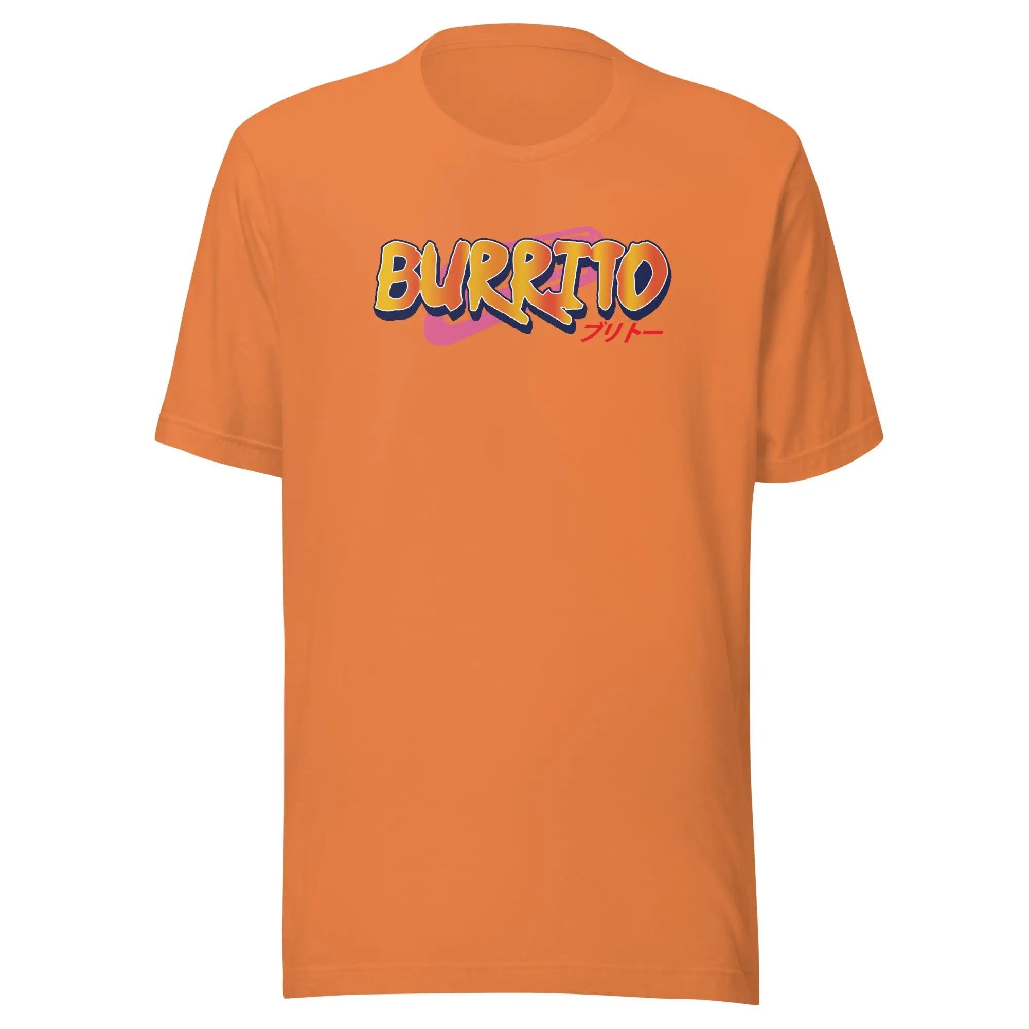 a bright orange shirt with the word burrito printed on it