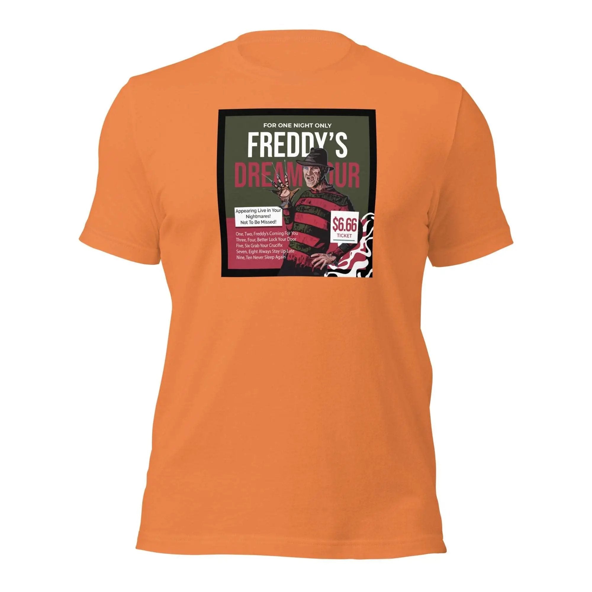 an orange t - shirt with a picture of a man's face