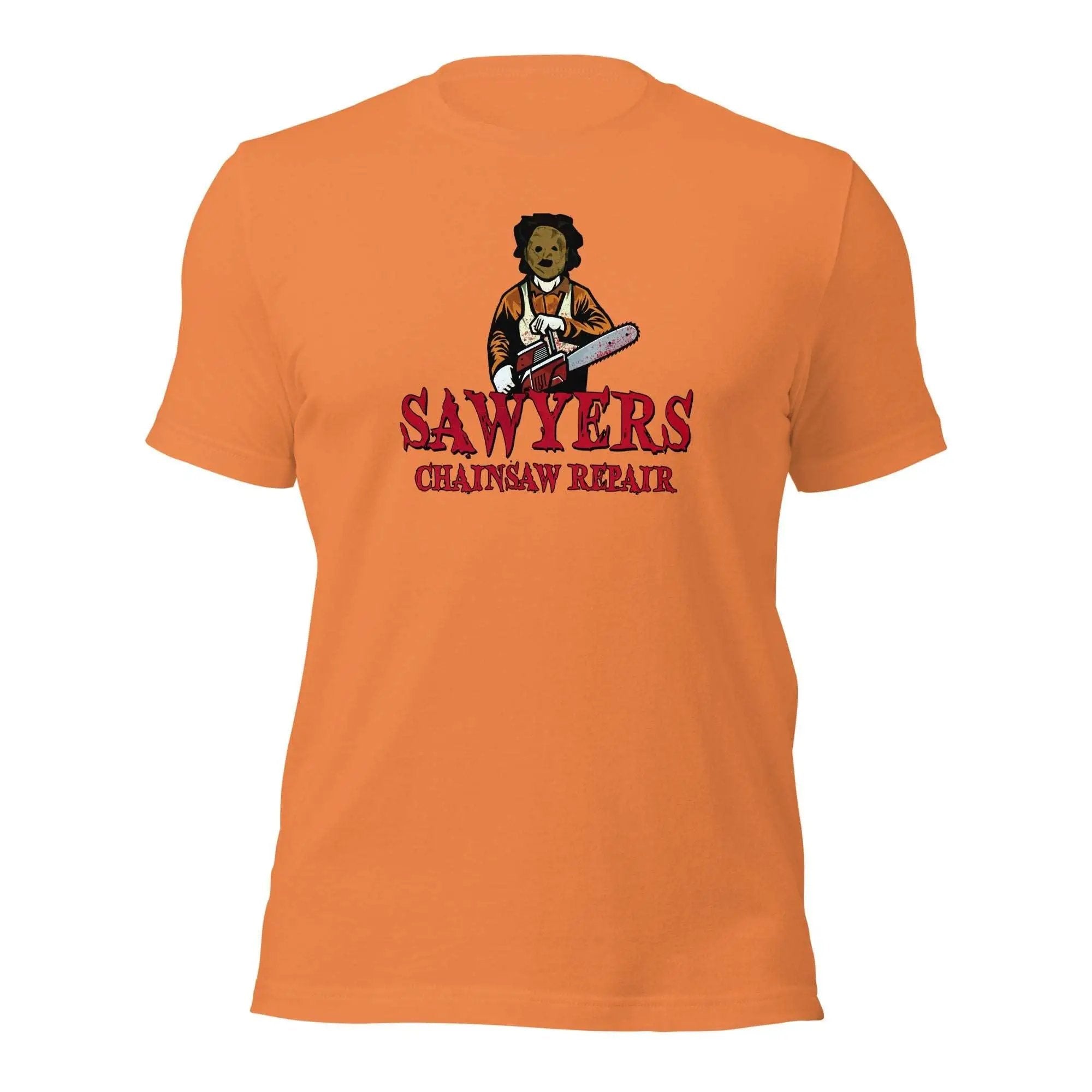 an orange t - shirt with a picture of a woman holding a chainsaw