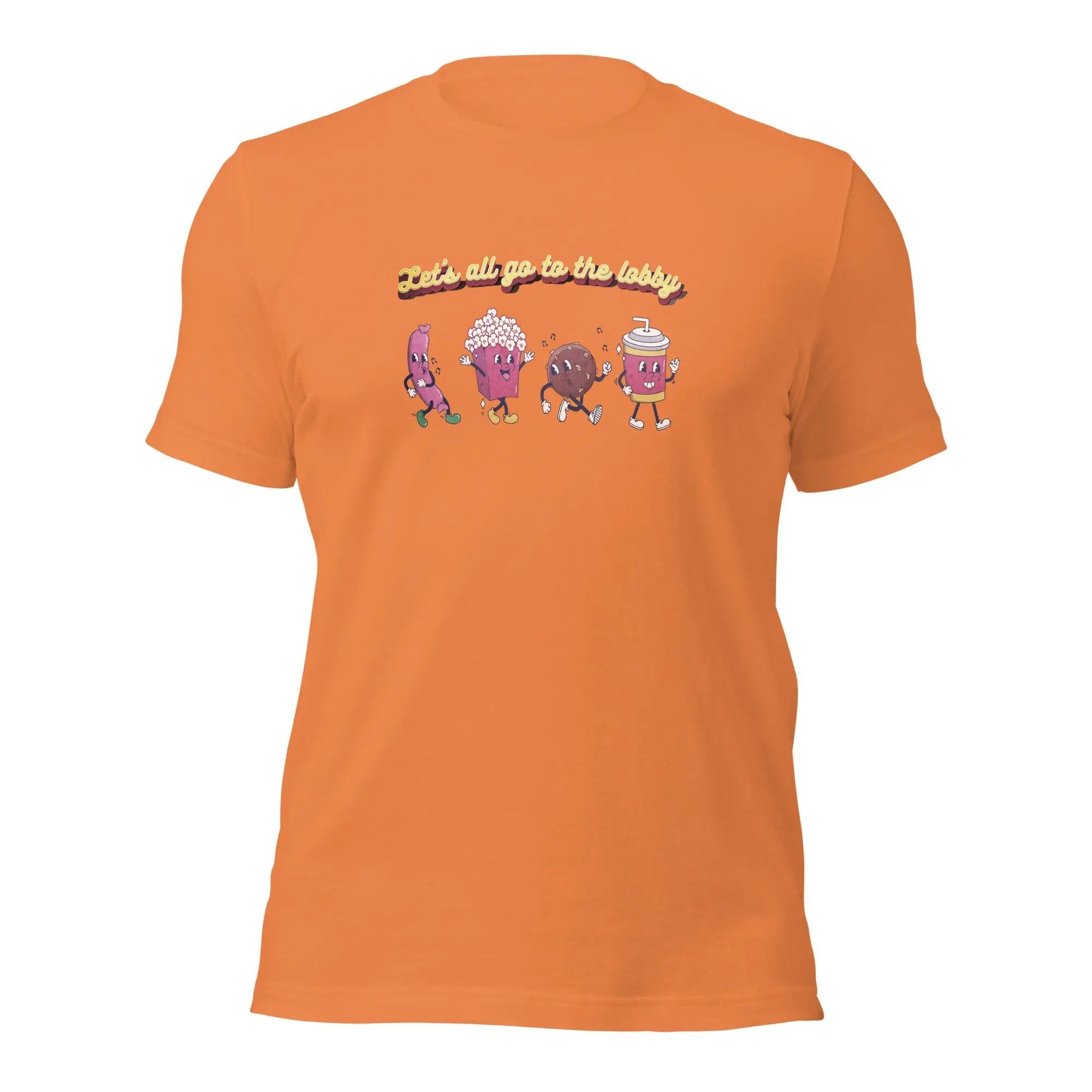 an orange shirt with three cartoon characters on it