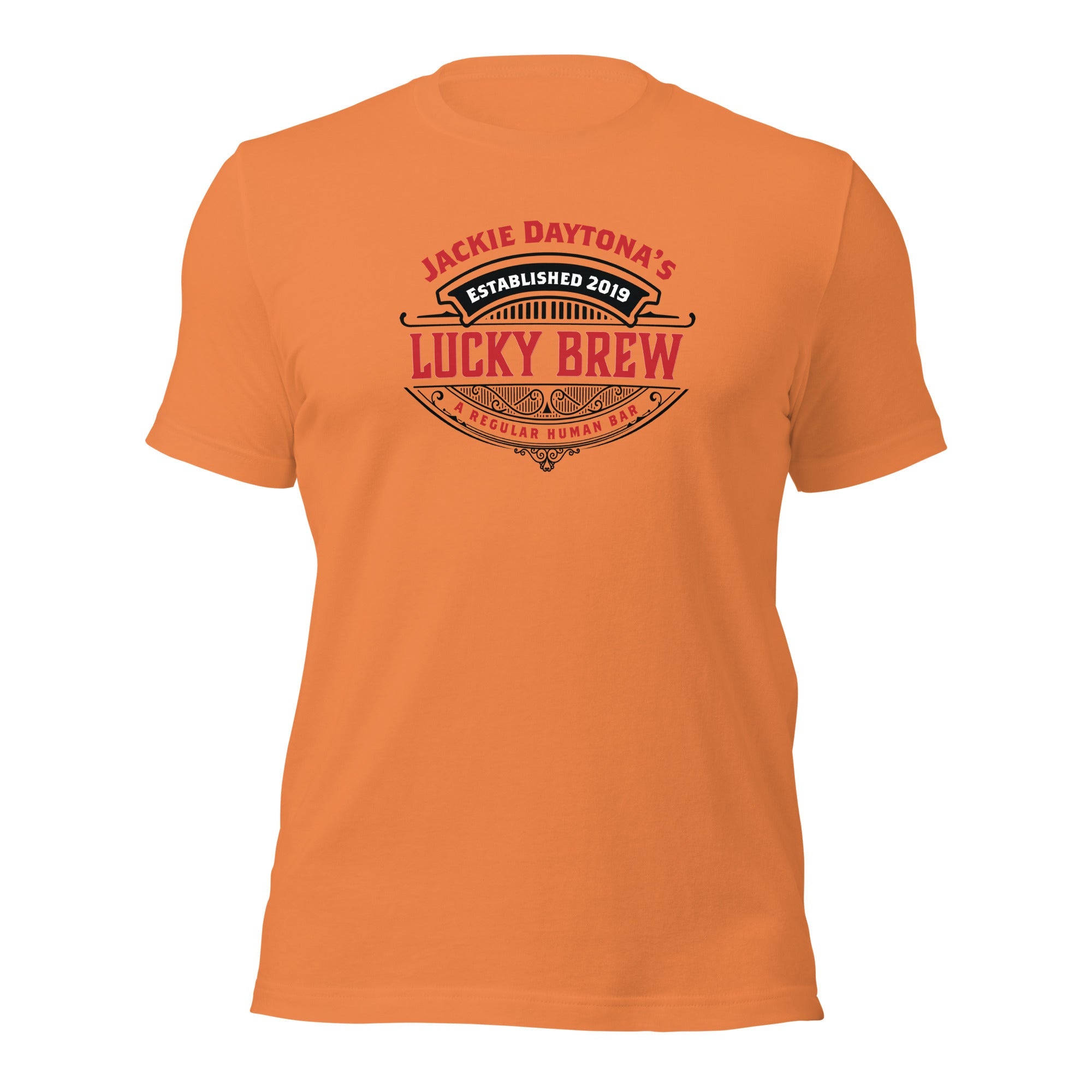 an orange t - shirt with the words lucky brew on it