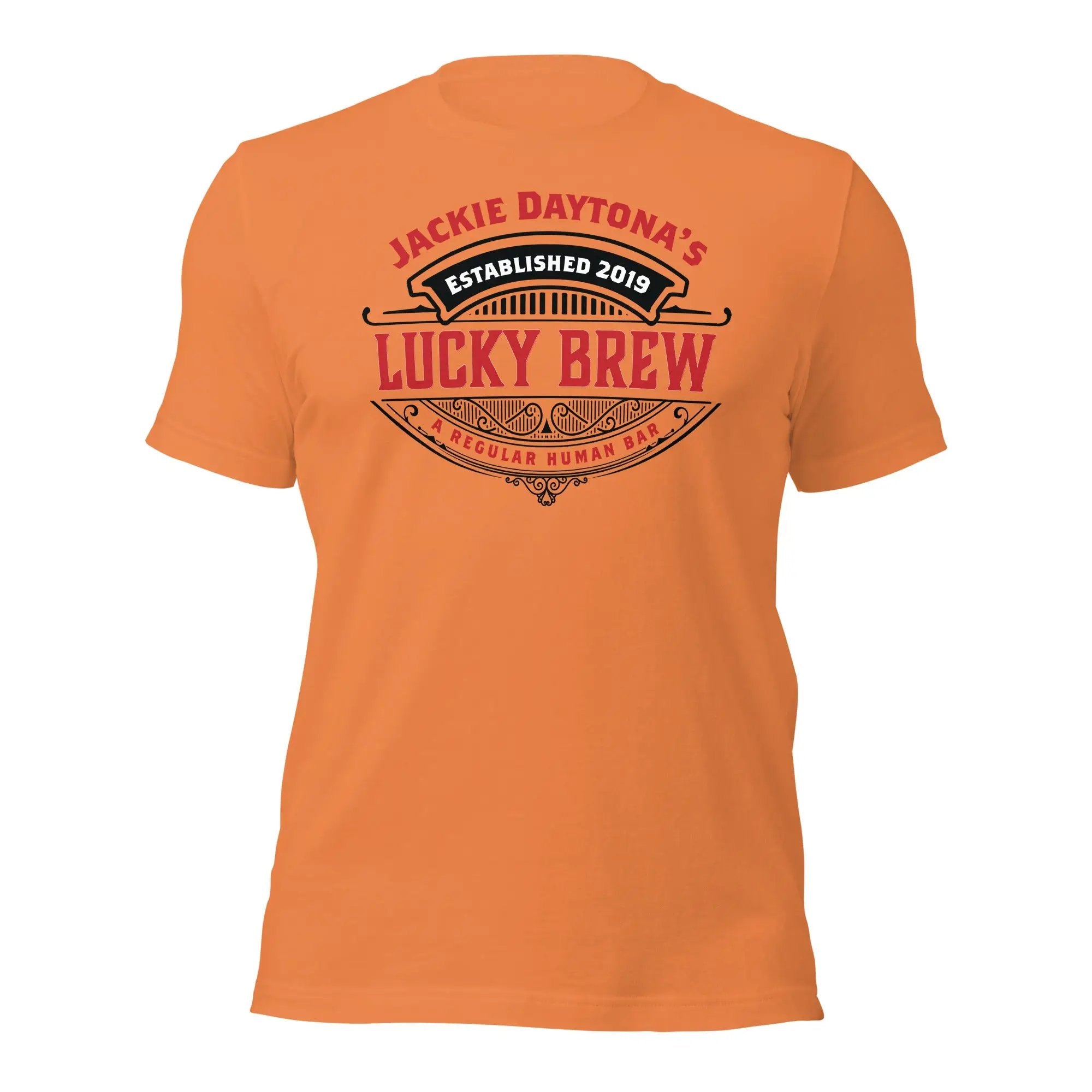 an orange t - shirt with the words lucky brew on it