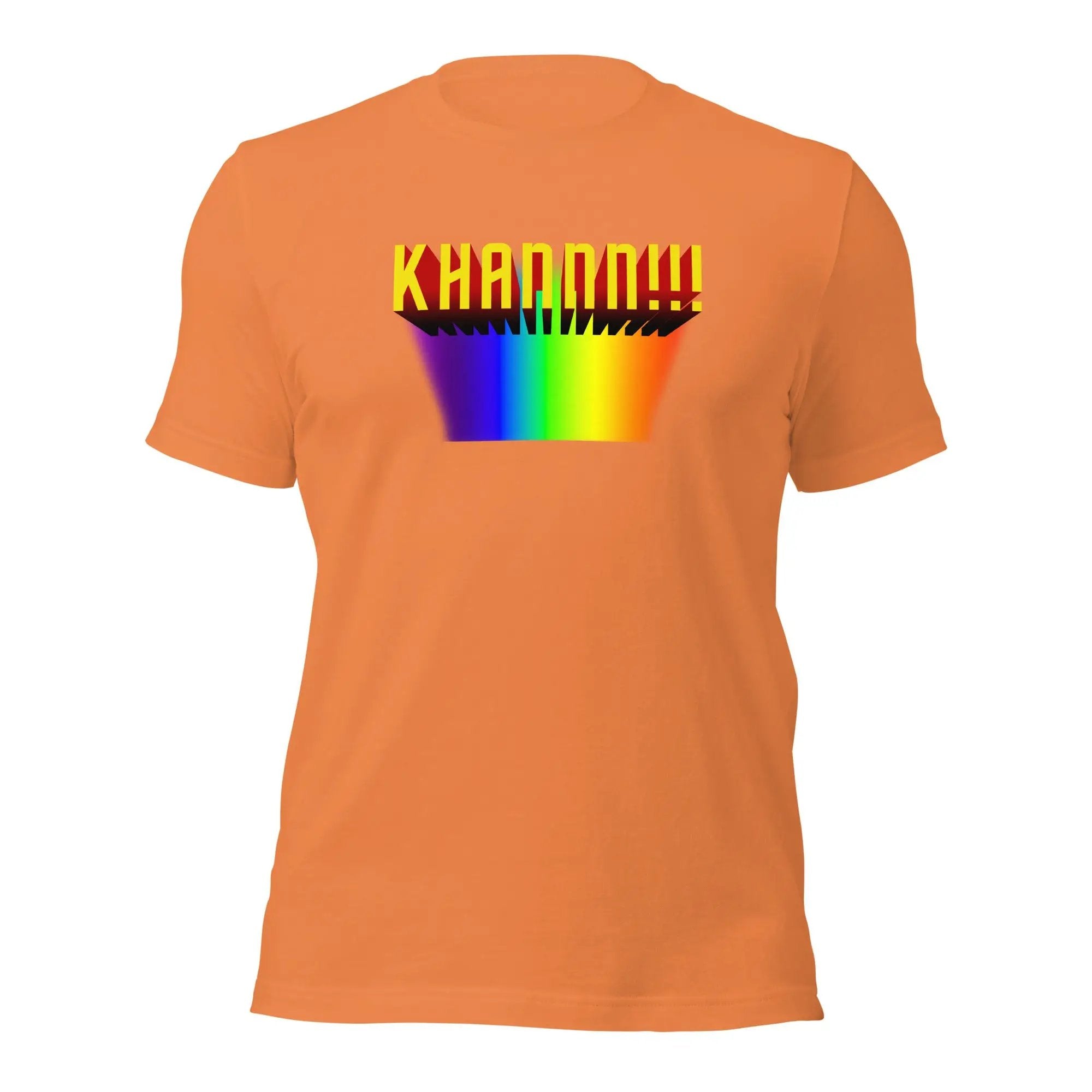 an orange t - shirt with a rainbow design on it