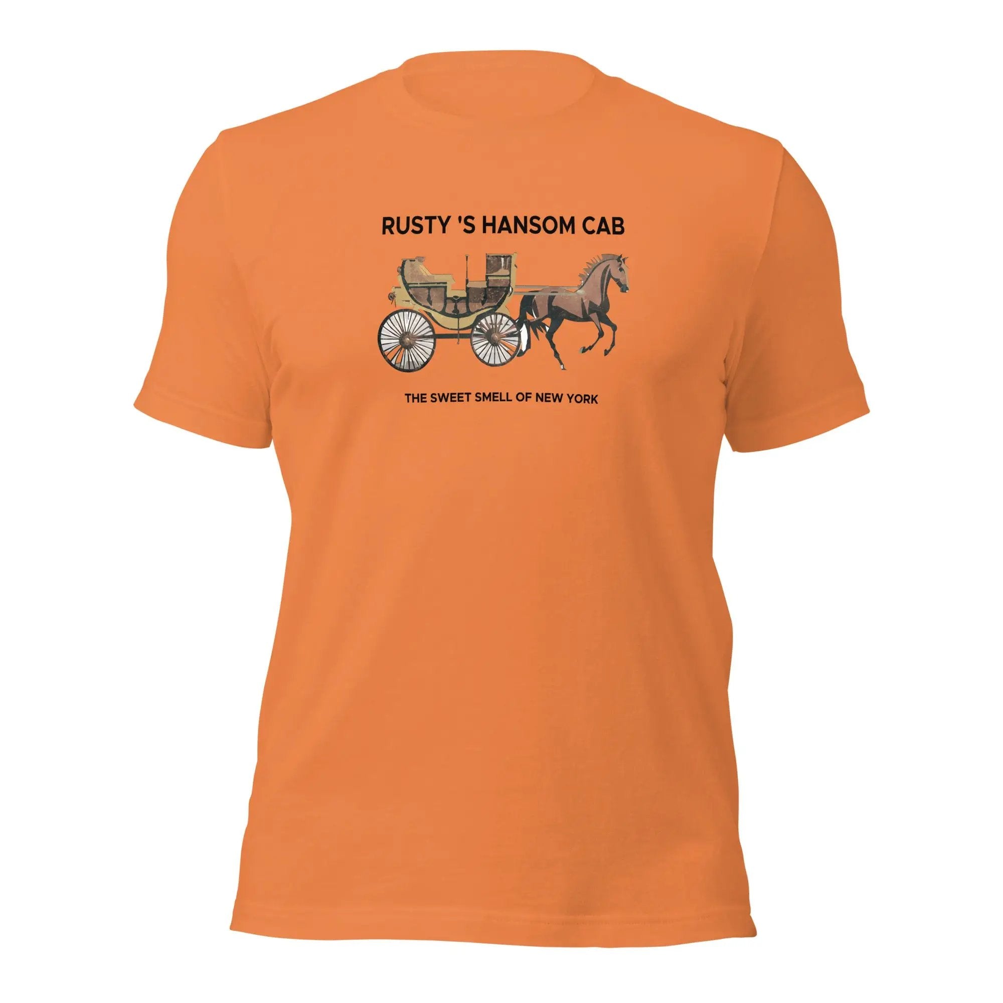 an orange shirt with a horse drawn carriage