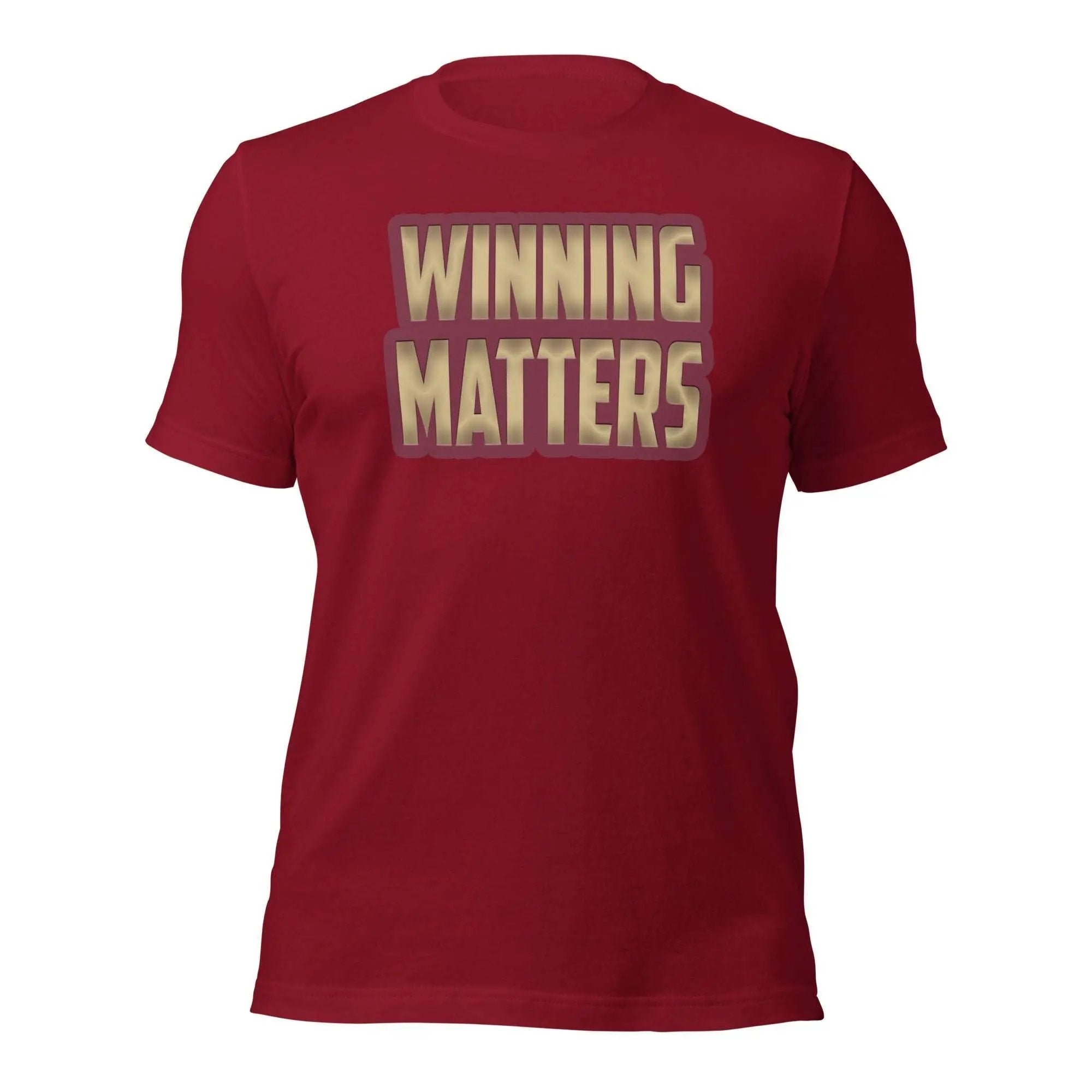 a red shirt with the words winning matters printed on it