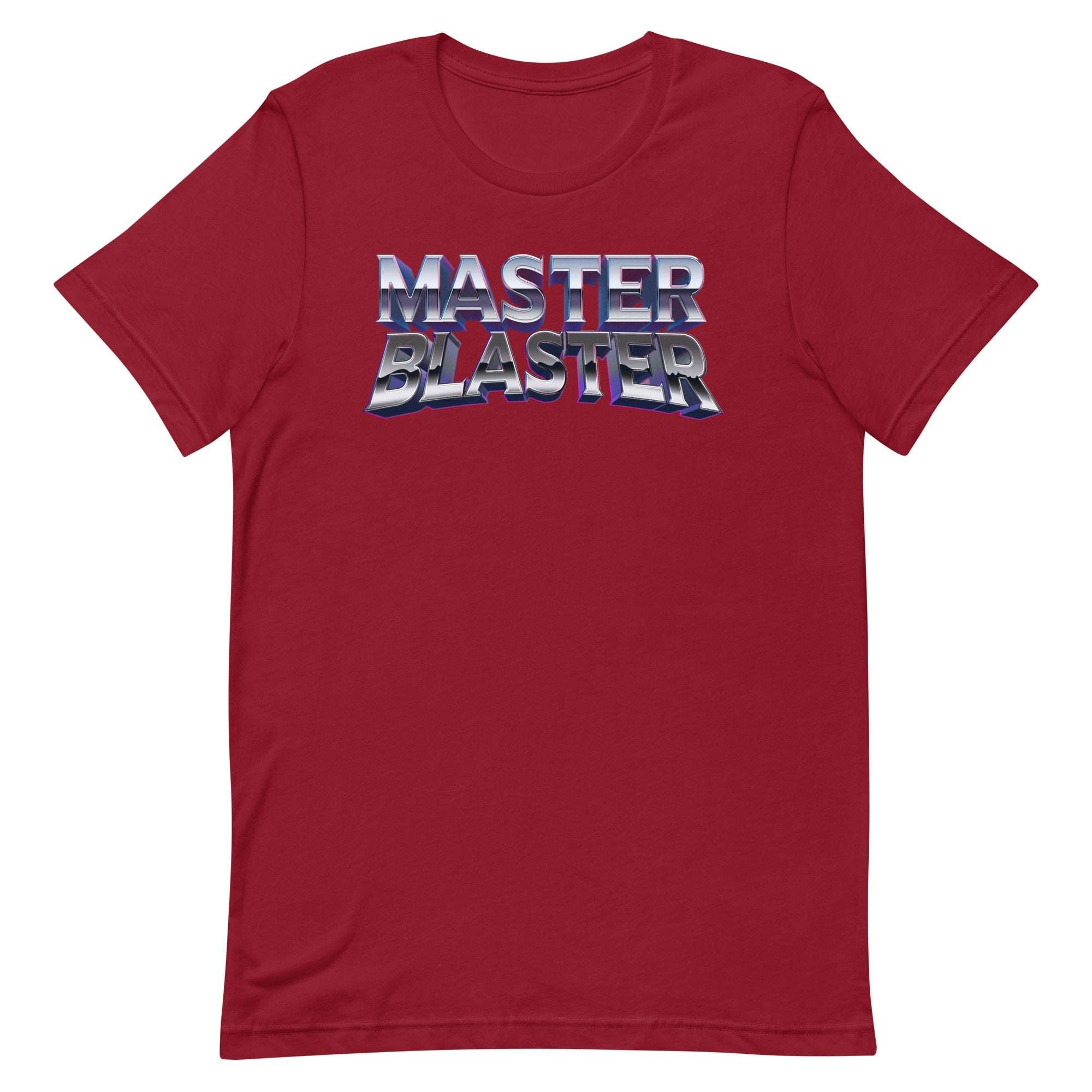 a red t - shirt with the words master blaster printed on it