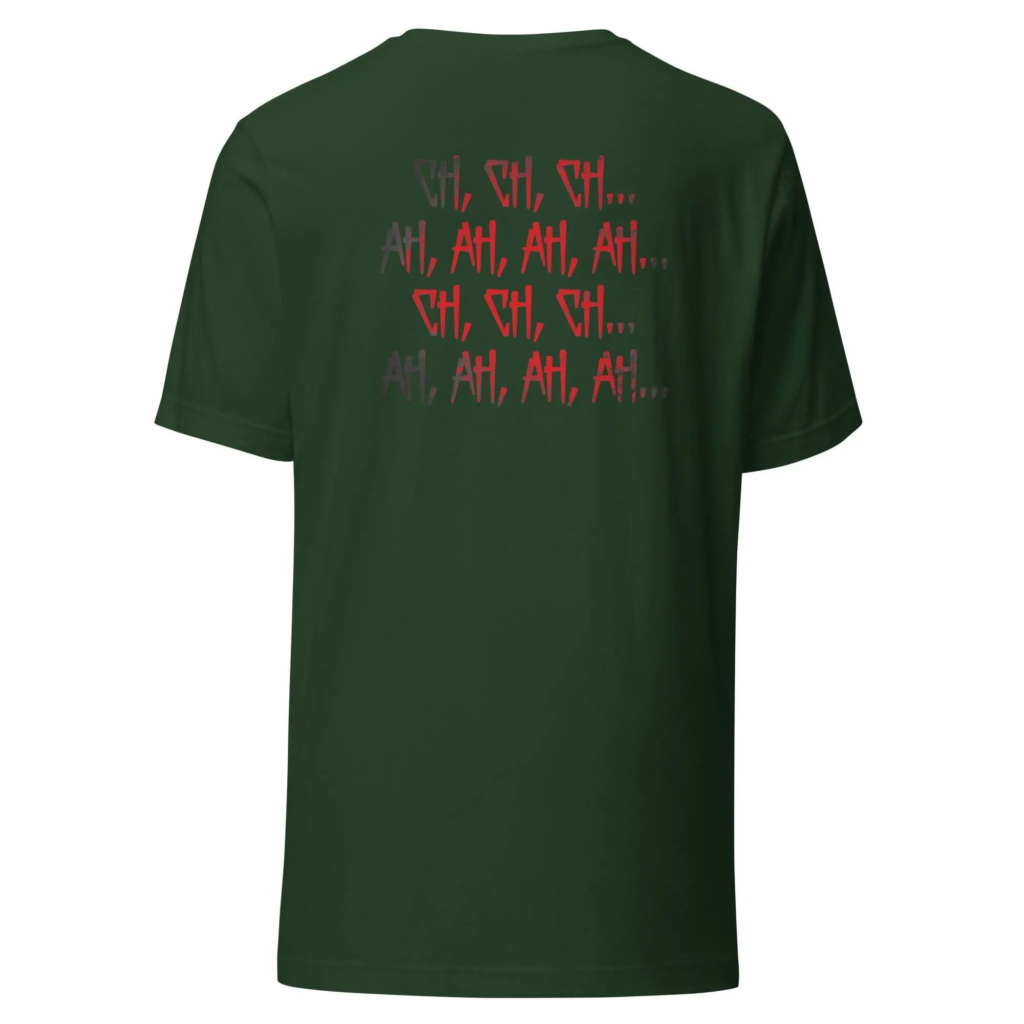 a green t - shirt with red letters on it