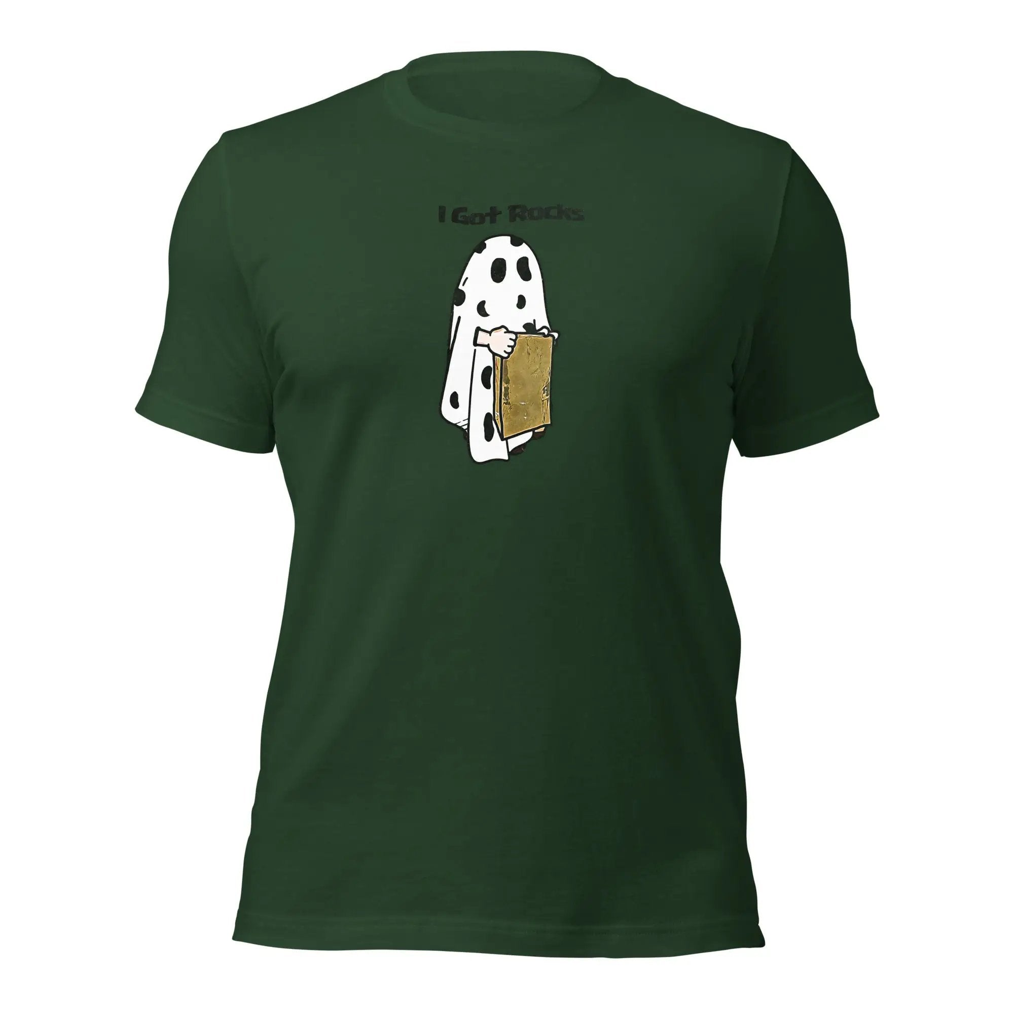 a green t - shirt with a picture of a ghost holding a book