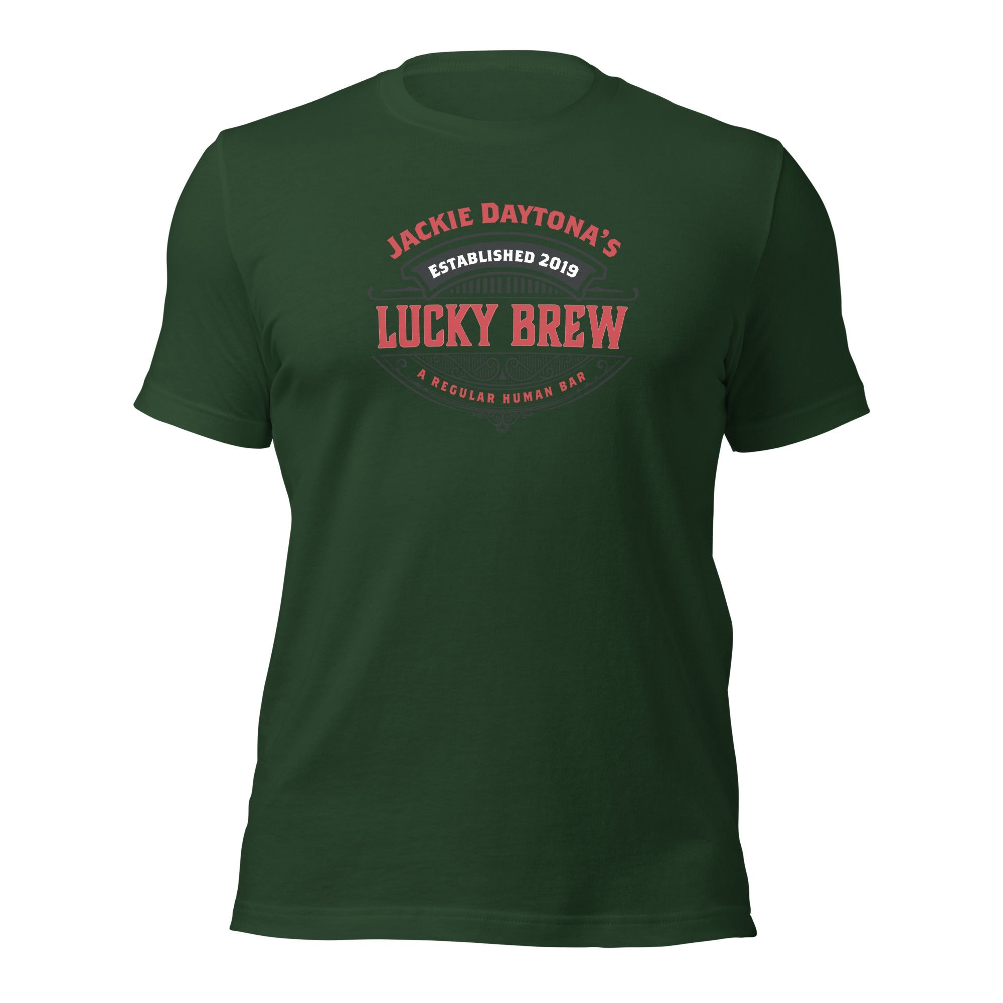 a dark green t - shirt with the words lucky brew on it