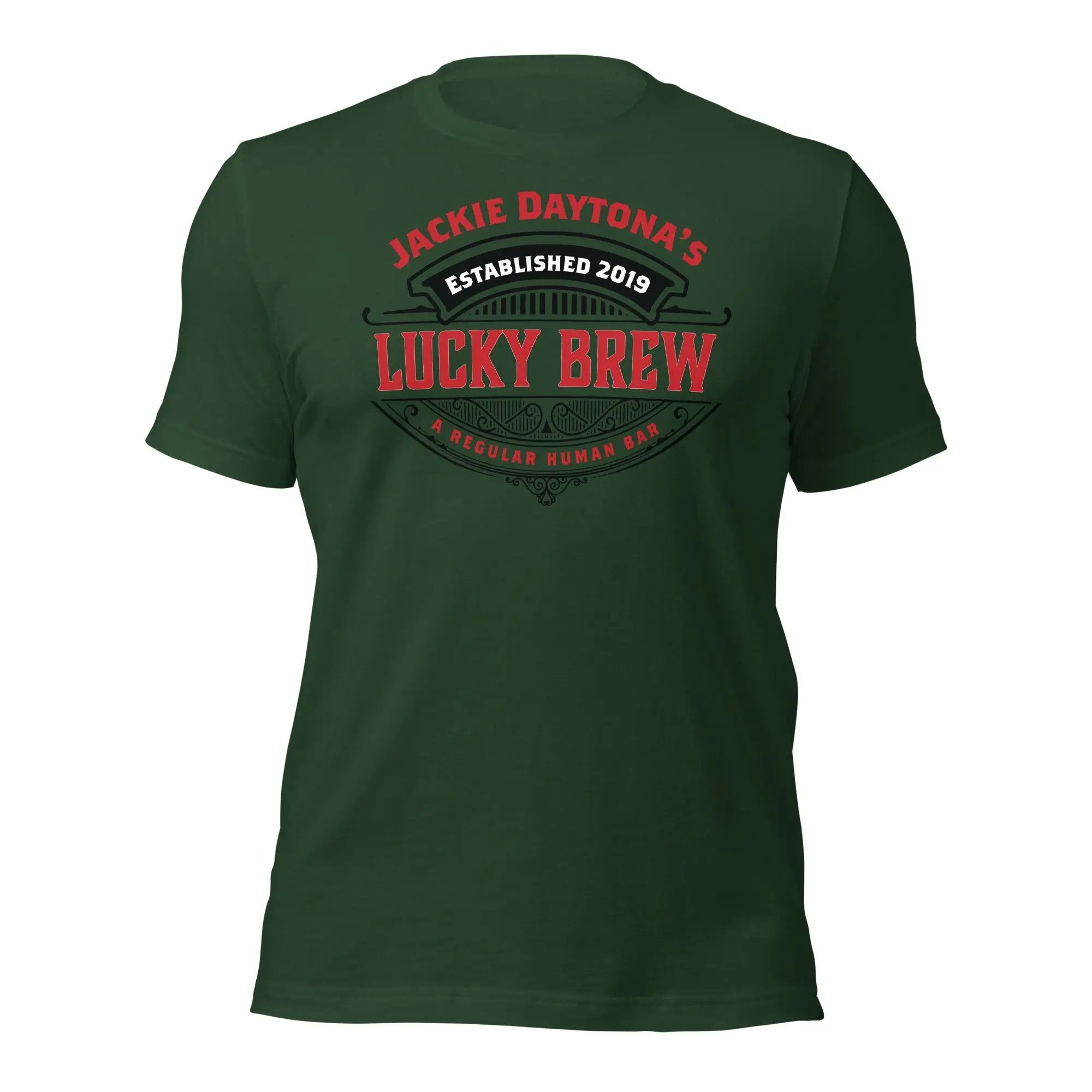a dark green t - shirt with the words lucky brew on it