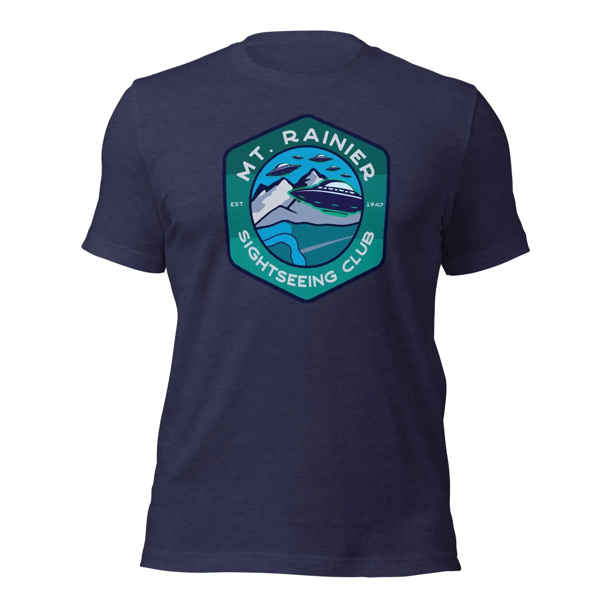 a navy t - shirt with a picture of a mountain and the words mt rain