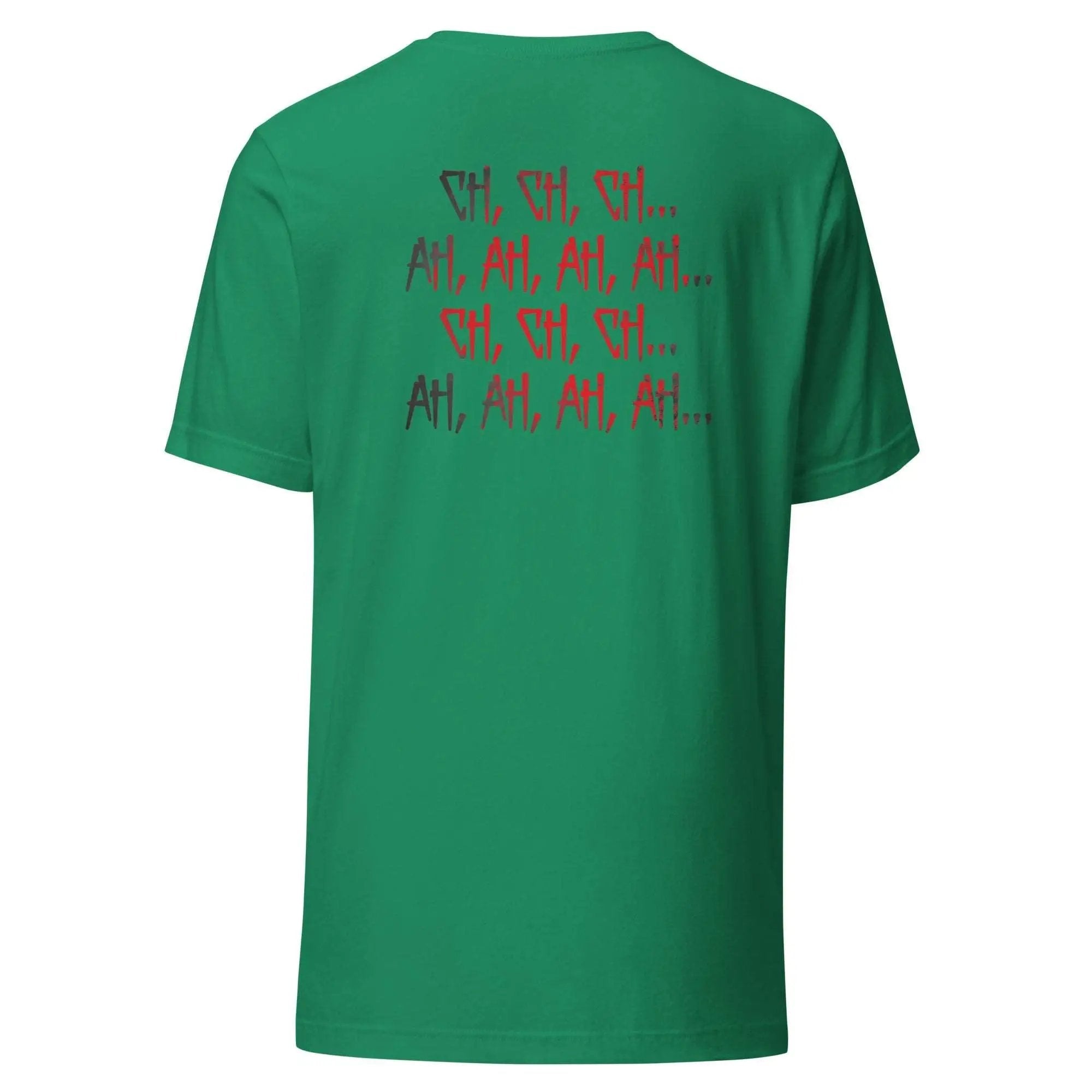 a green t - shirt with red writing on it