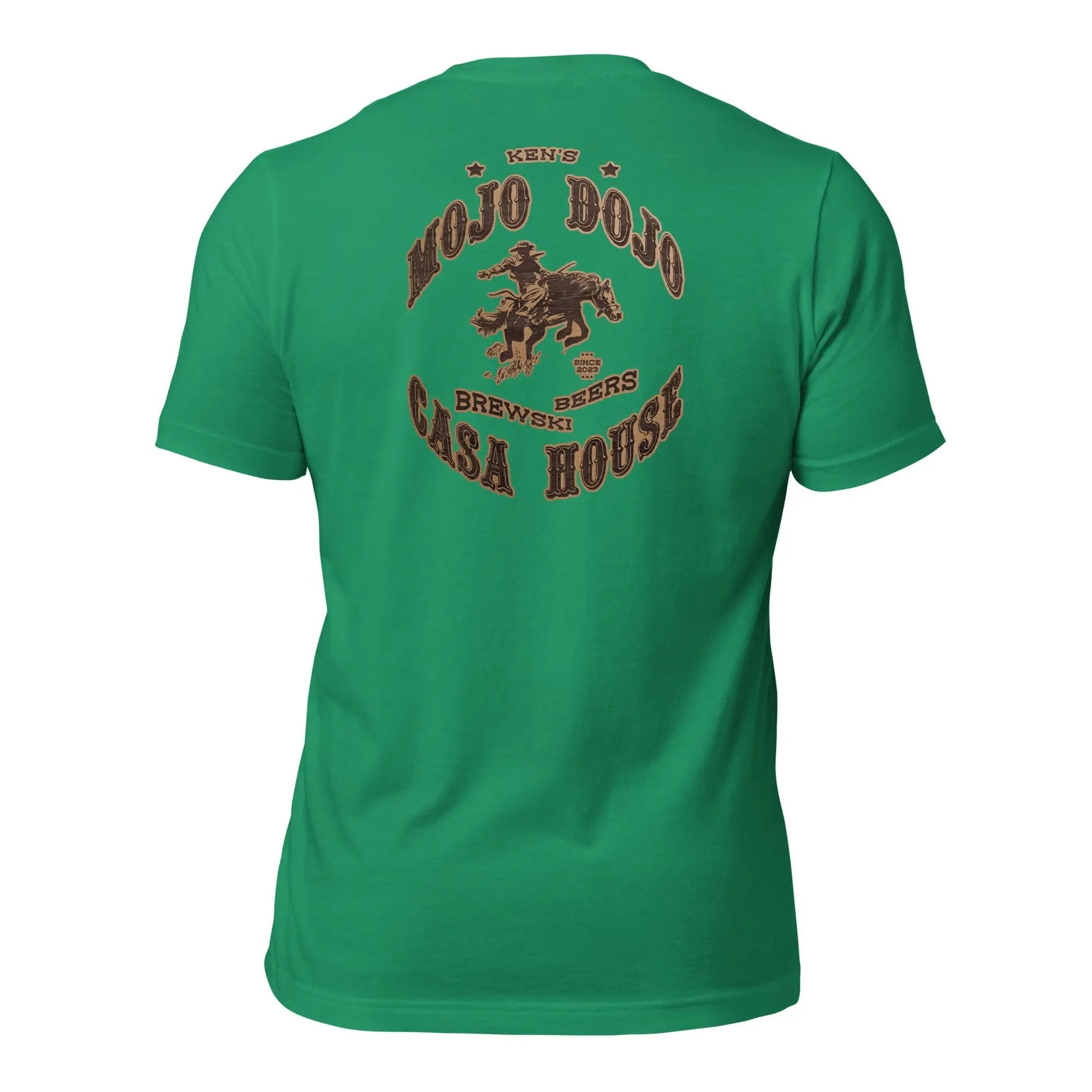 the back of a green t - shirt with an image of a horse and rider