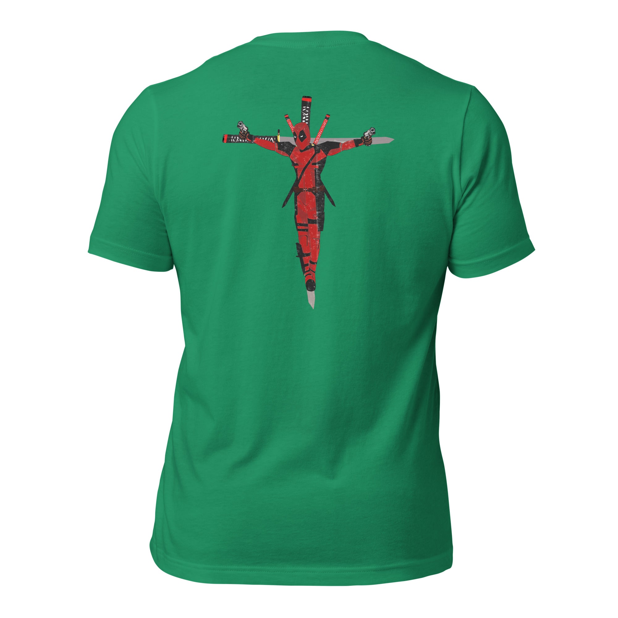 a green t - shirt with a picture of a man on a cross