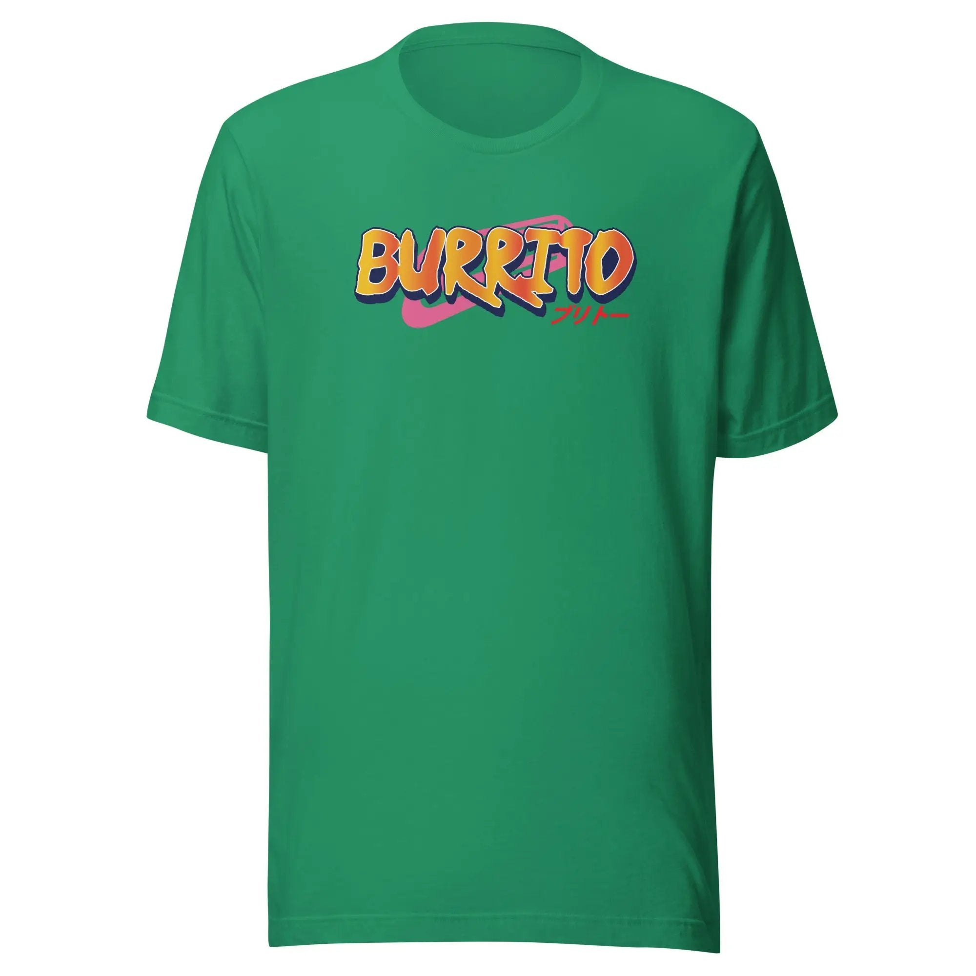a green t - shirt with the word burrito printed on it
