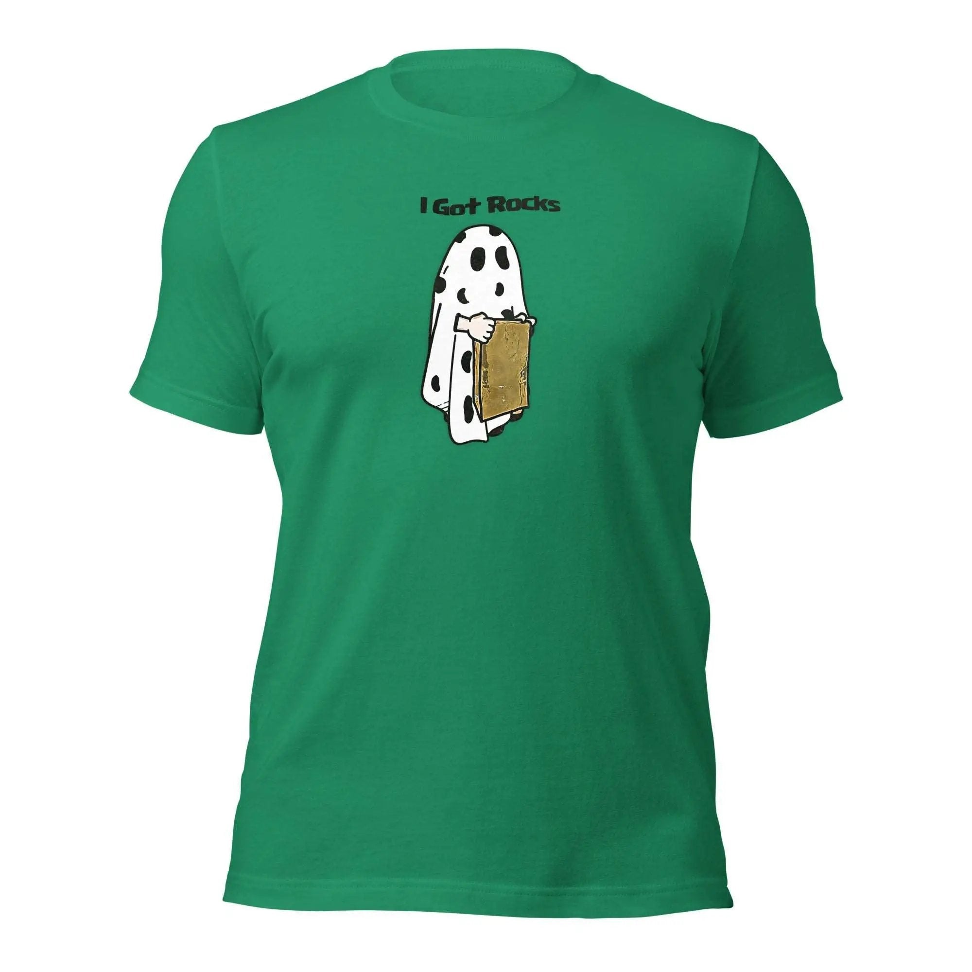 a green t - shirt with a picture of a dog holding a book