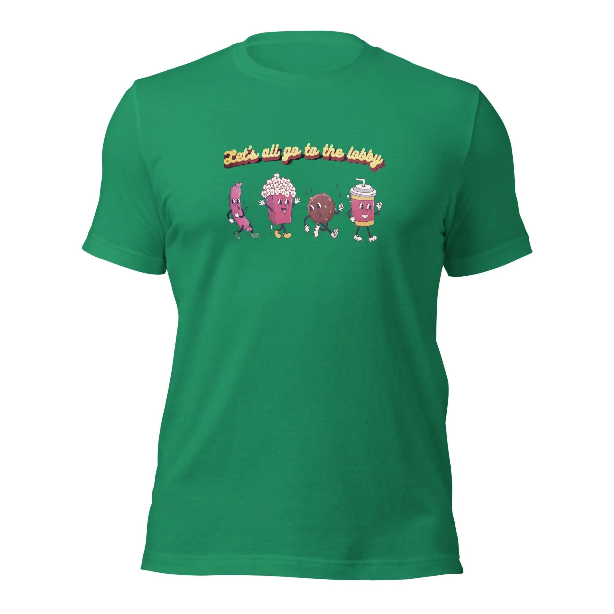 a green t - shirt with three cartoon characters on it