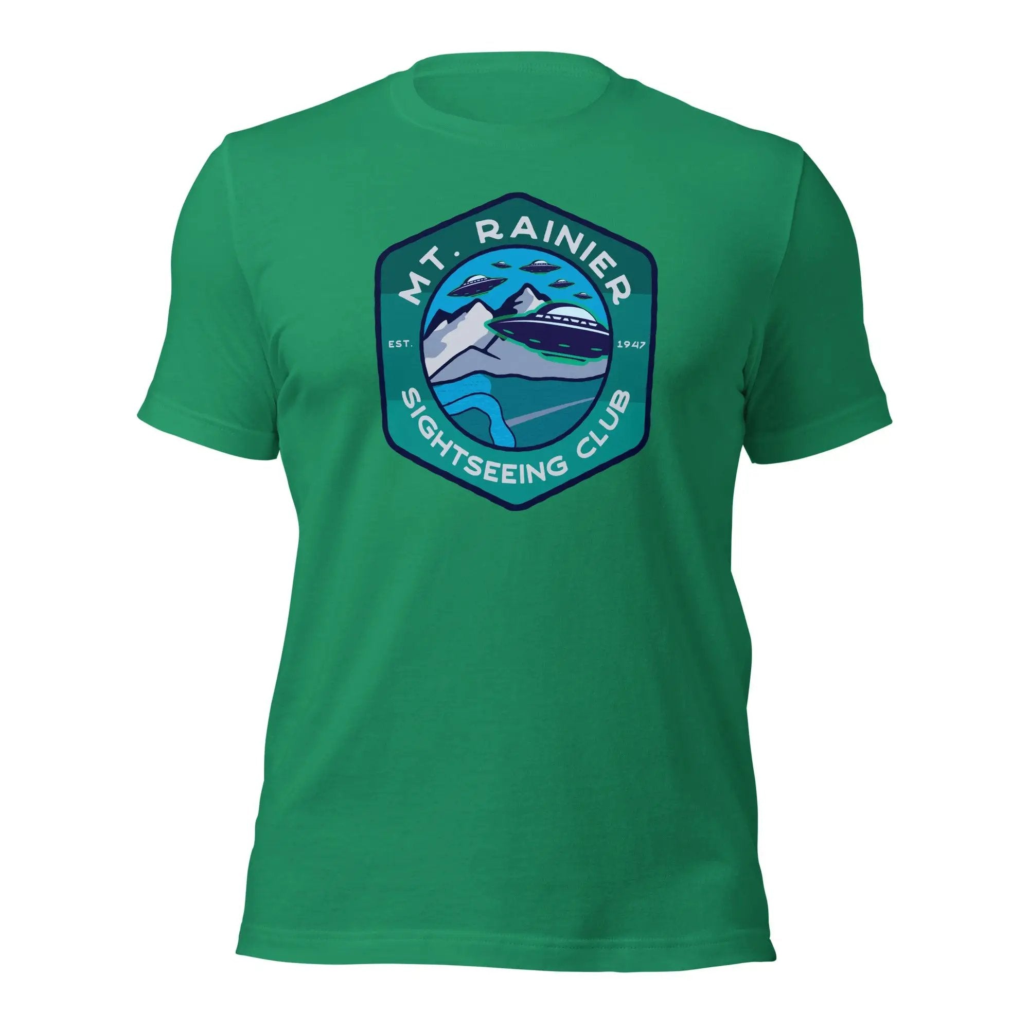 a green t - shirt with a picture of a mountain and the words my rain