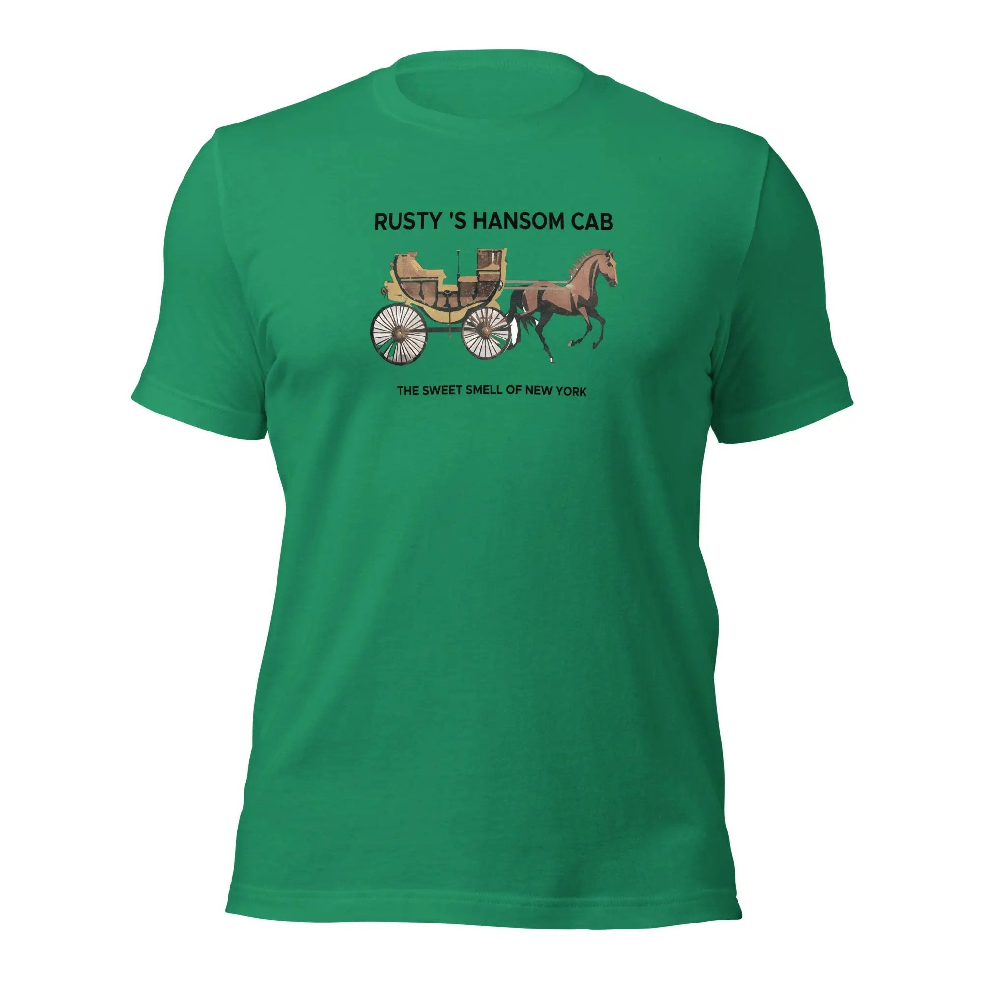 a green t - shirt with a picture of a horse and carriage