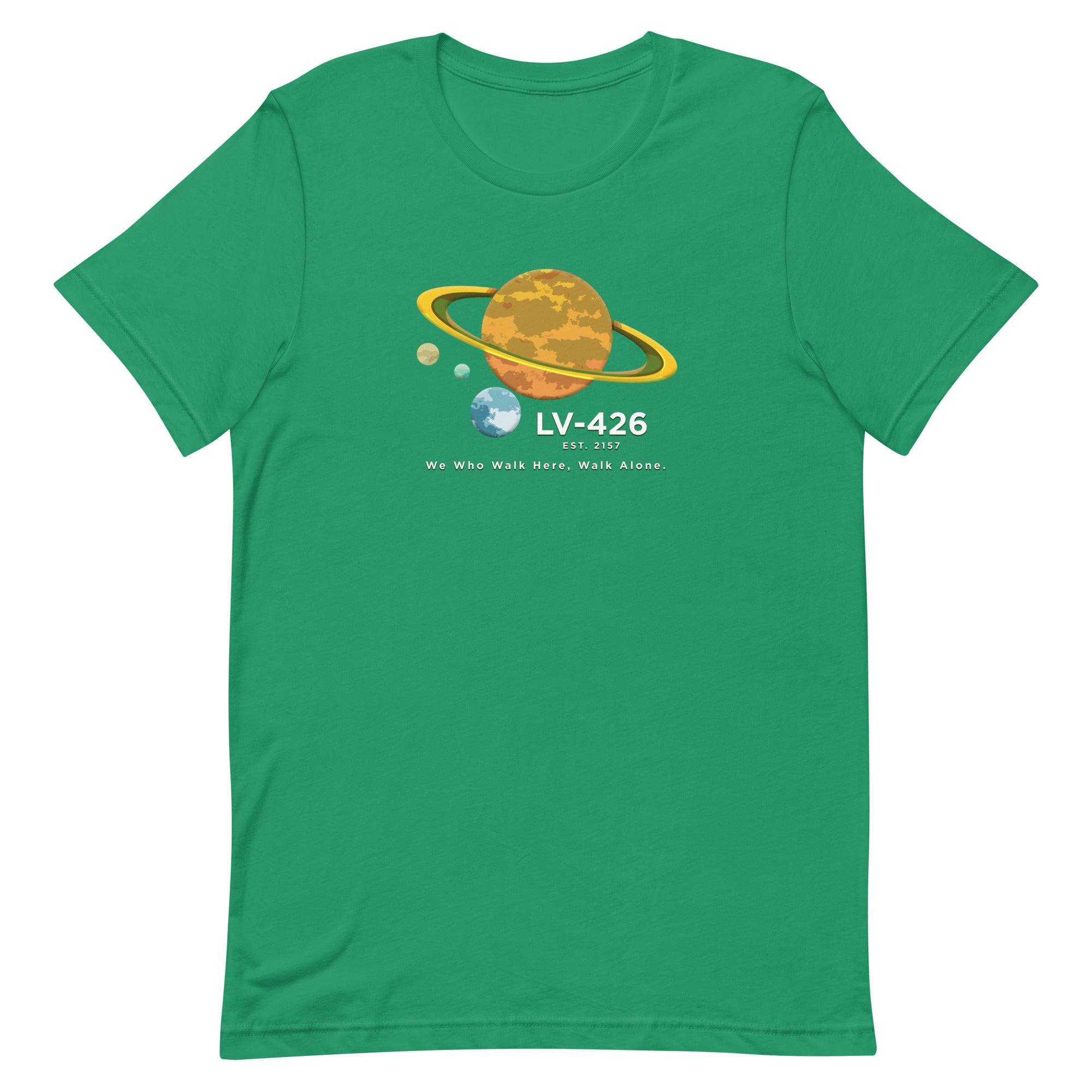 a green t - shirt with an image of the planet and saturn