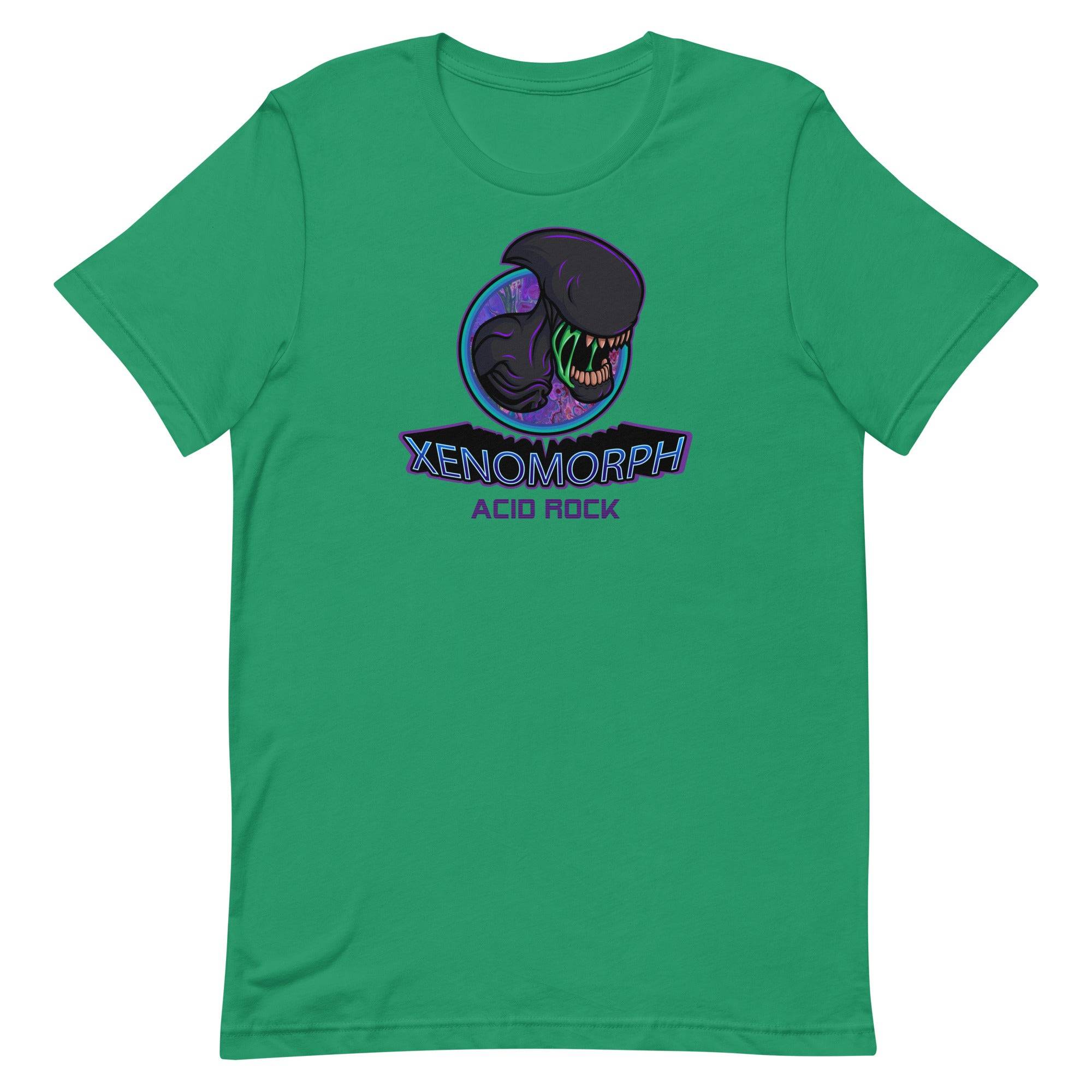 a green t - shirt with an image of a dinosaur and the words xeno