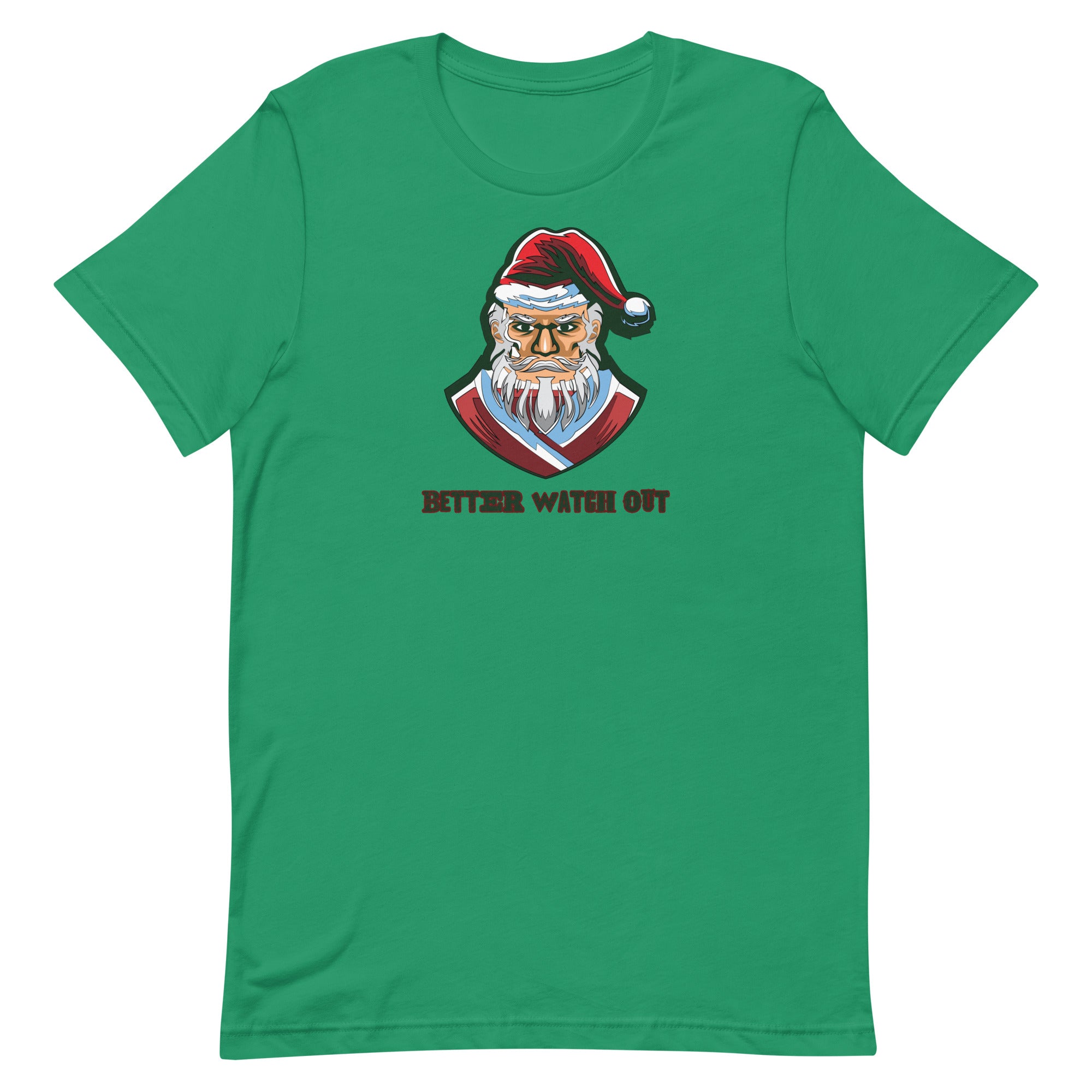 a green t - shirt with an image of a santa clause wearing a santa hat