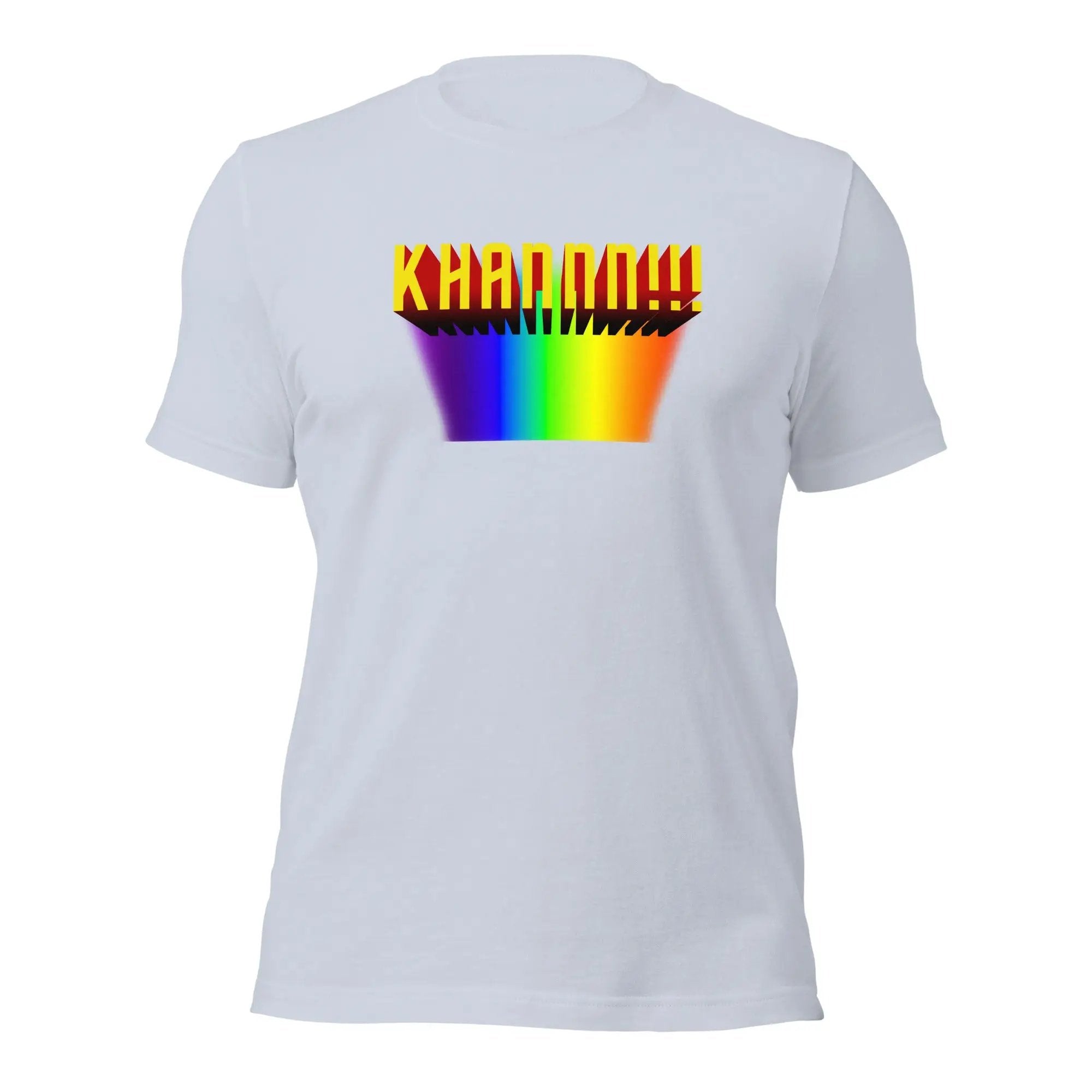 a white t - shirt with a rainbow design on the chest