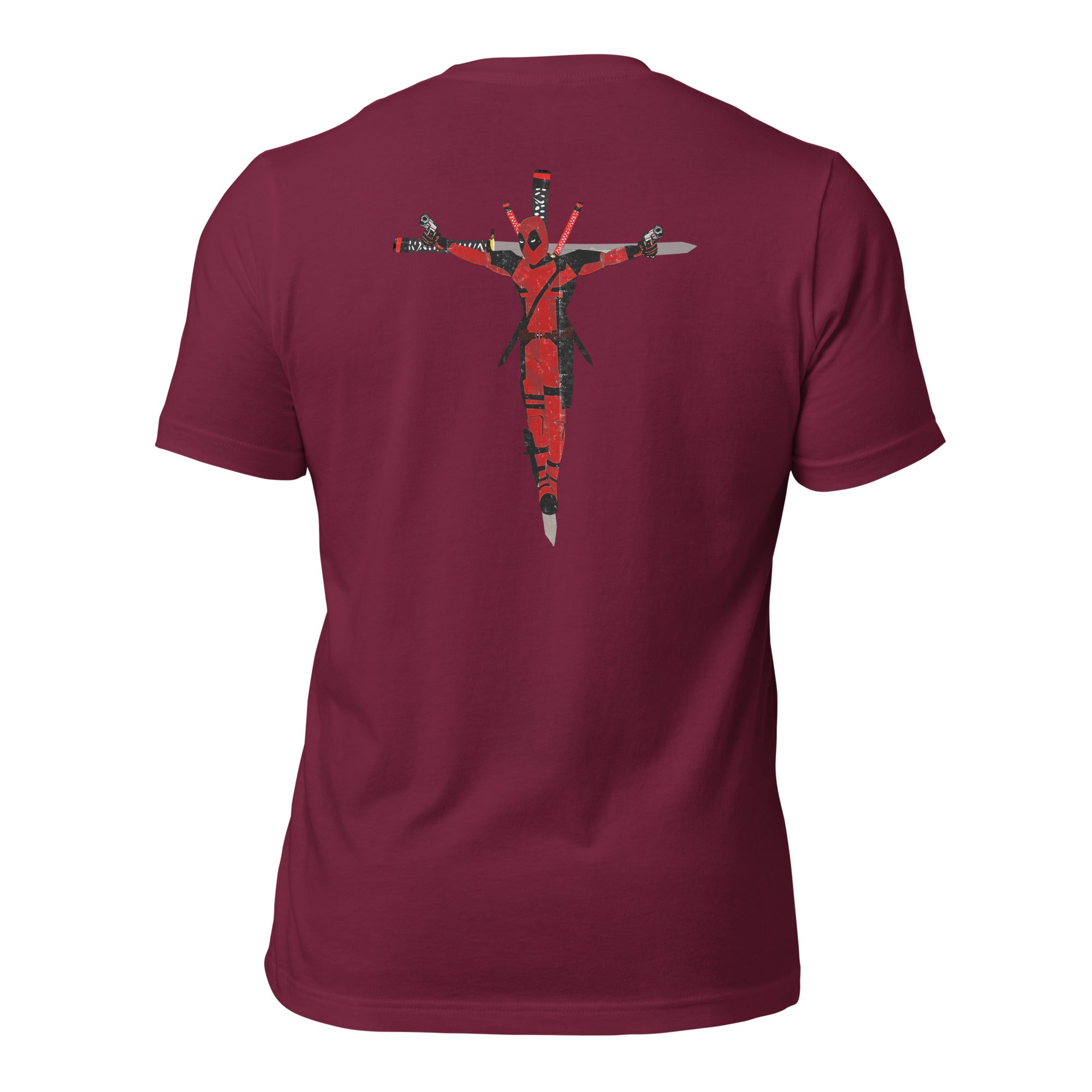 a red t - shirt with a cross painted on it
