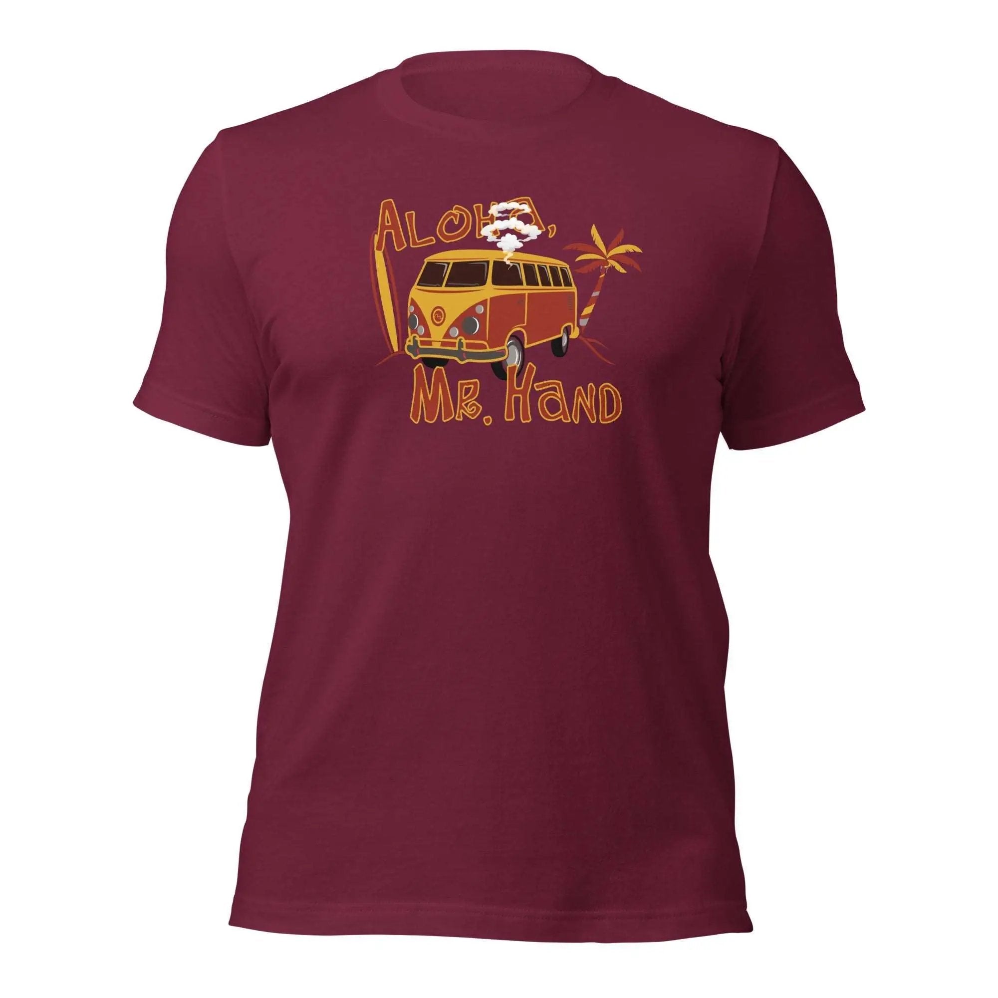a maroon t - shirt with an image of a van with the words alice and