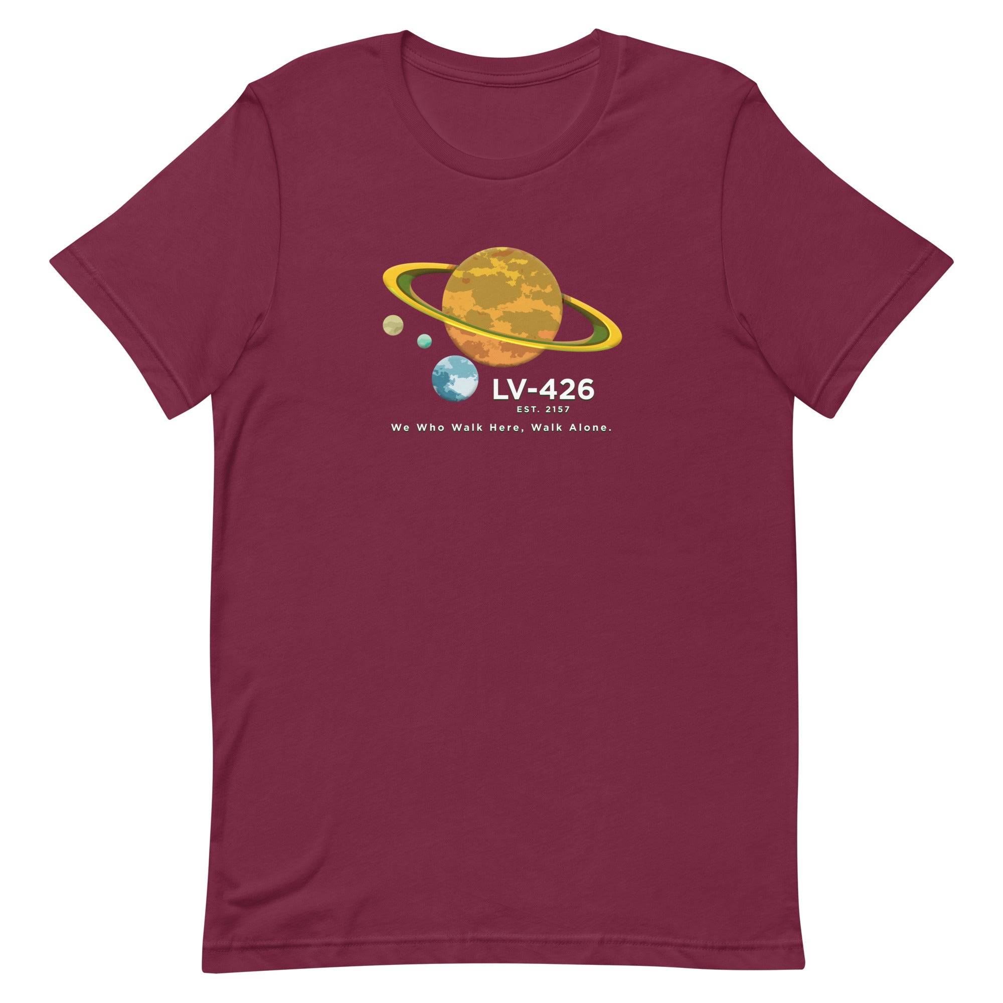 a maroon t - shirt with an image of the planets and the sun