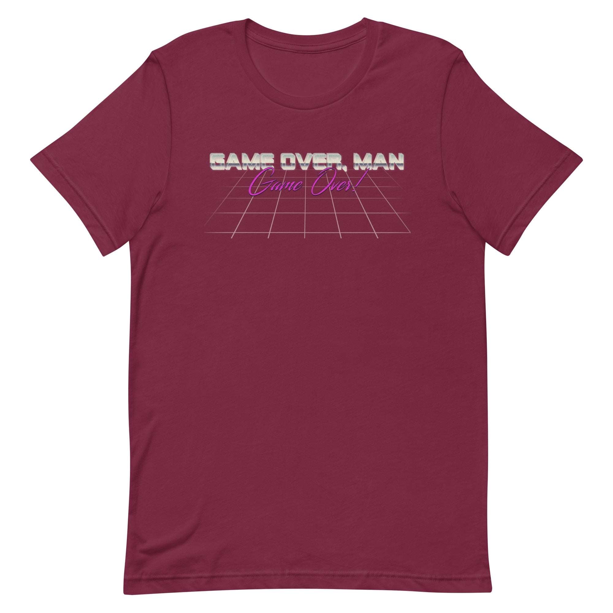 a maroon t - shirt with the words game over man on it