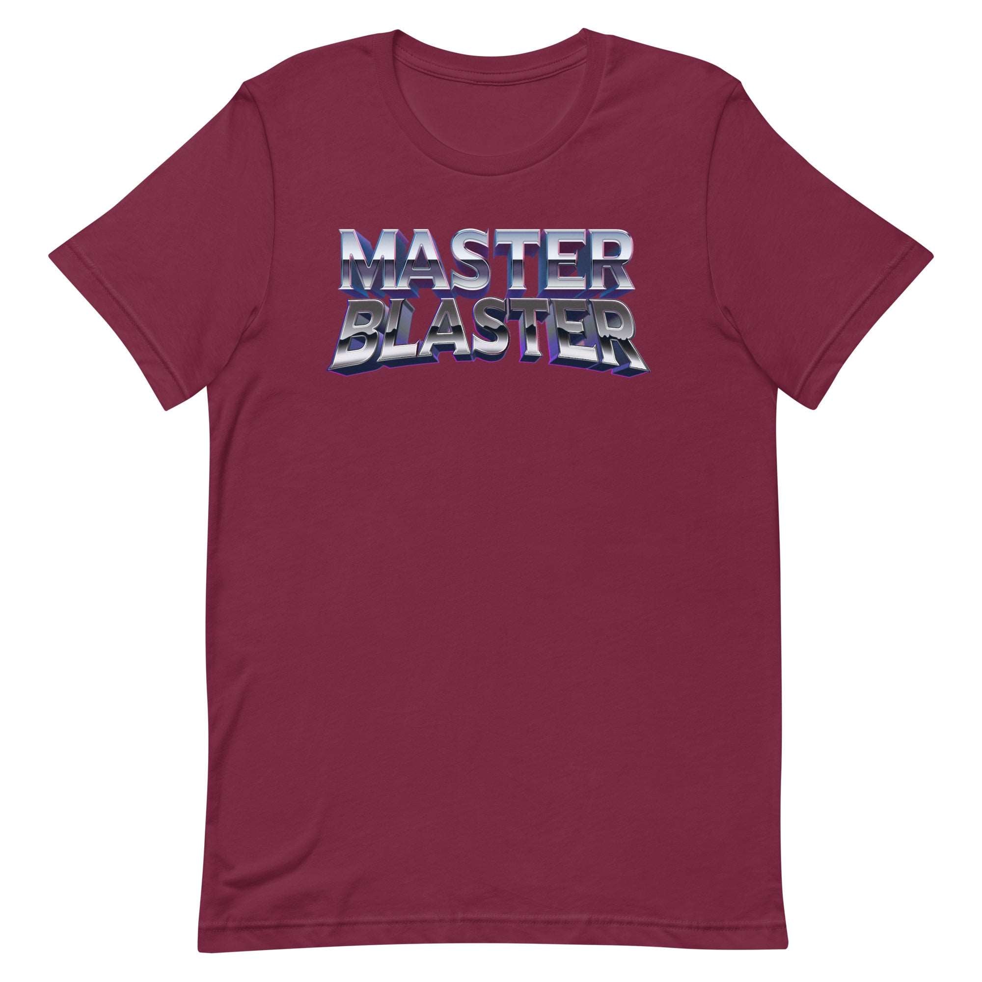 a maroon t - shirt with the words master blaster printed on it